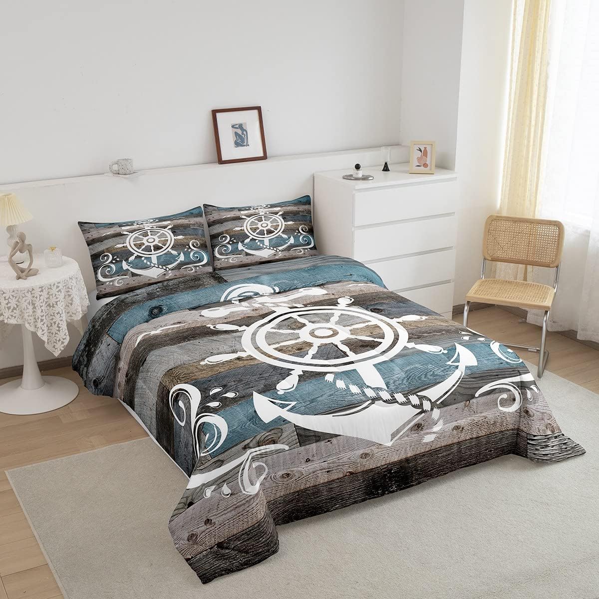 Erosebridal Juego de edredón de ancla náutica, juego de ropa de cama con brújula oceánica, tamaño individual para niños, adolescentes y adultos,