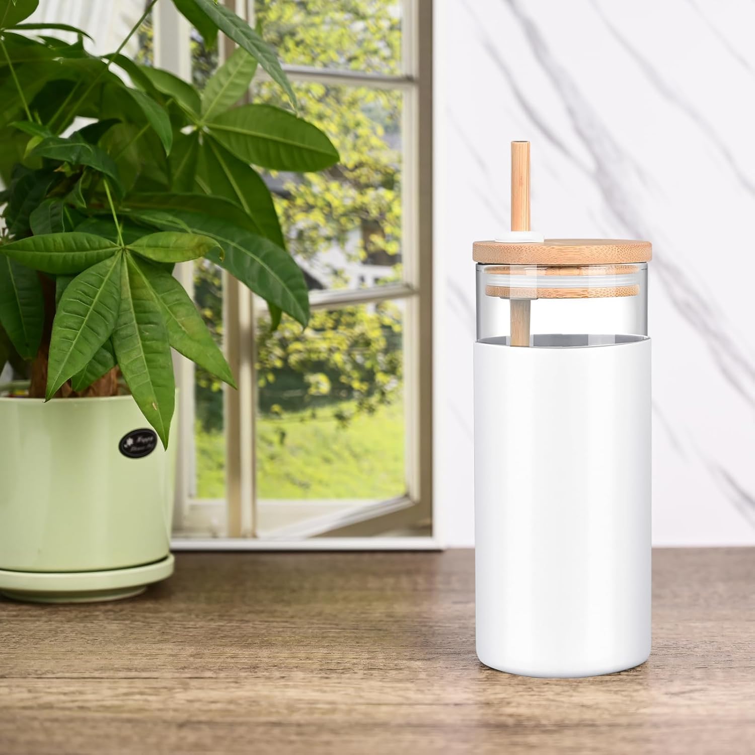 Vaso de vidrio de 20 onzas con popote y tapa, taza de café helado con funda protectora de silicona aislada antideslizante, vasos para agua, café,