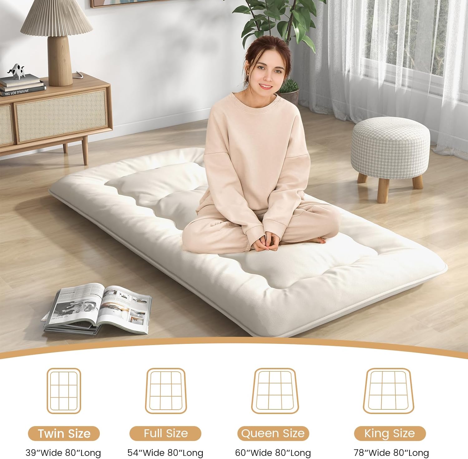 Giantex Colchón japonés de futón, colchón enrollable de tatami con funda lavable y bolsa de transporte, almohadilla de dormir plegable y portátil