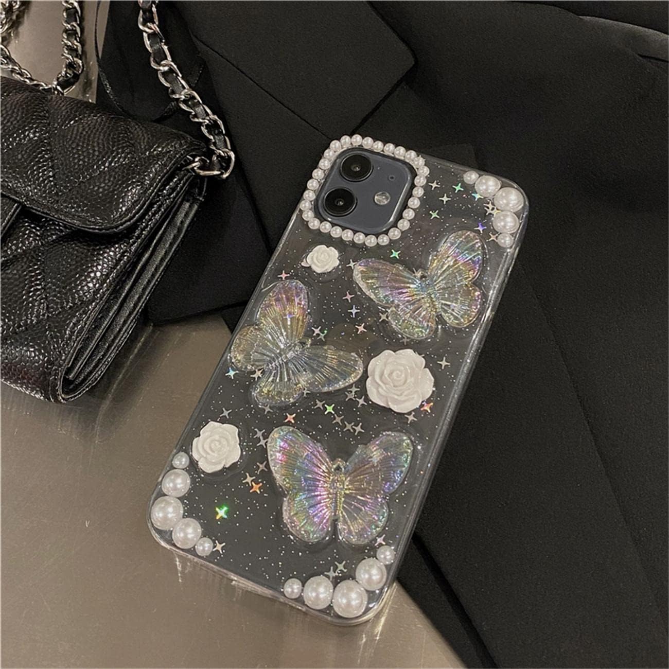 Fycyko Compatible con iPhone 15 Plus 3D Butterfly Floral Clear con diseño estético para mujeres, adolescentes y niñas, con purpurina, bonito