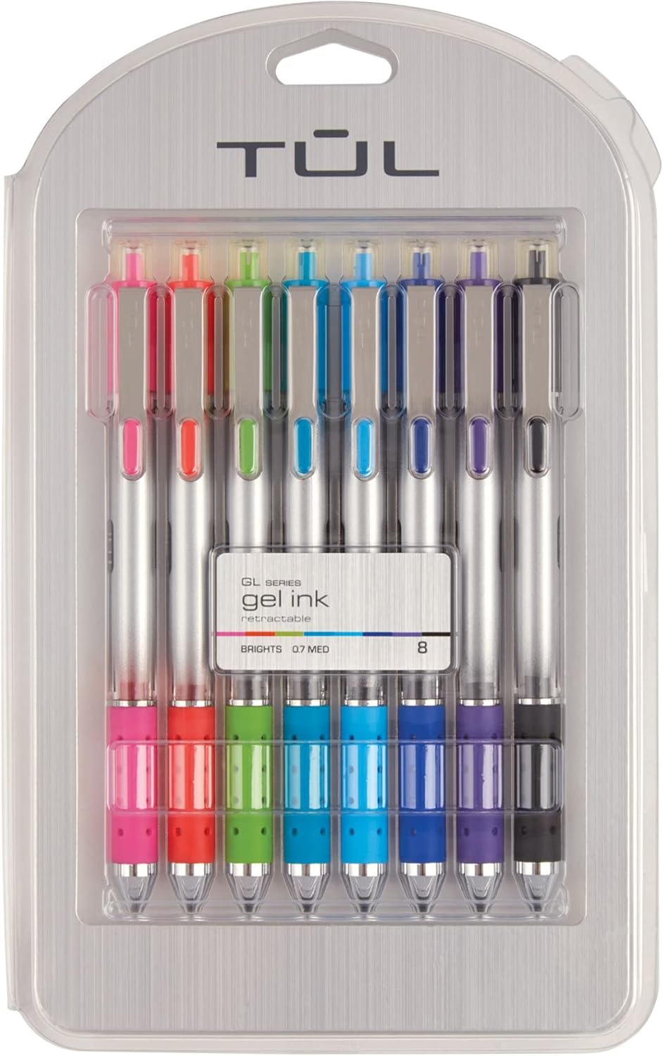 TUL Bolígrafos de gel retráctiles, punta redonda, 0.028 in, barril gris, colores de tinta brillante surtidos, paquete de 8