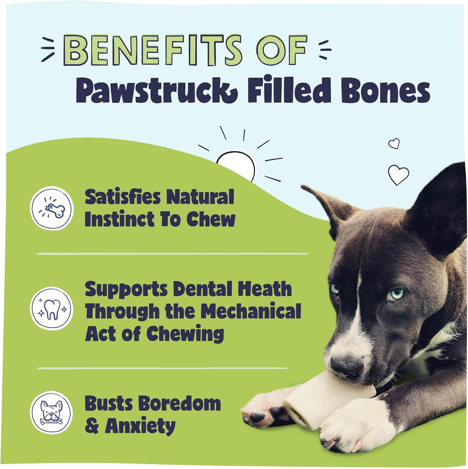 Pawstruck Huesos de perro pequeños rellenos de 3 pulgadas, sabor a queso y tocino, hecho en Estados Unidos, fémur relleno de larga duración para