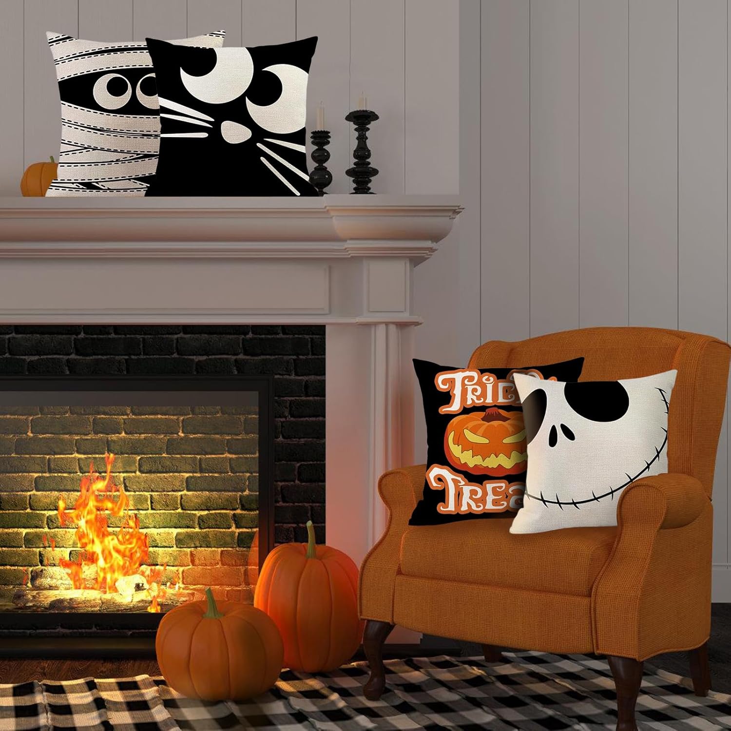 Juego de 4 fundas de almohada decorativas de Halloween de 18 x 18 pulgadas, decoración de Halloween para interiores y exteriores, fundas de almohada