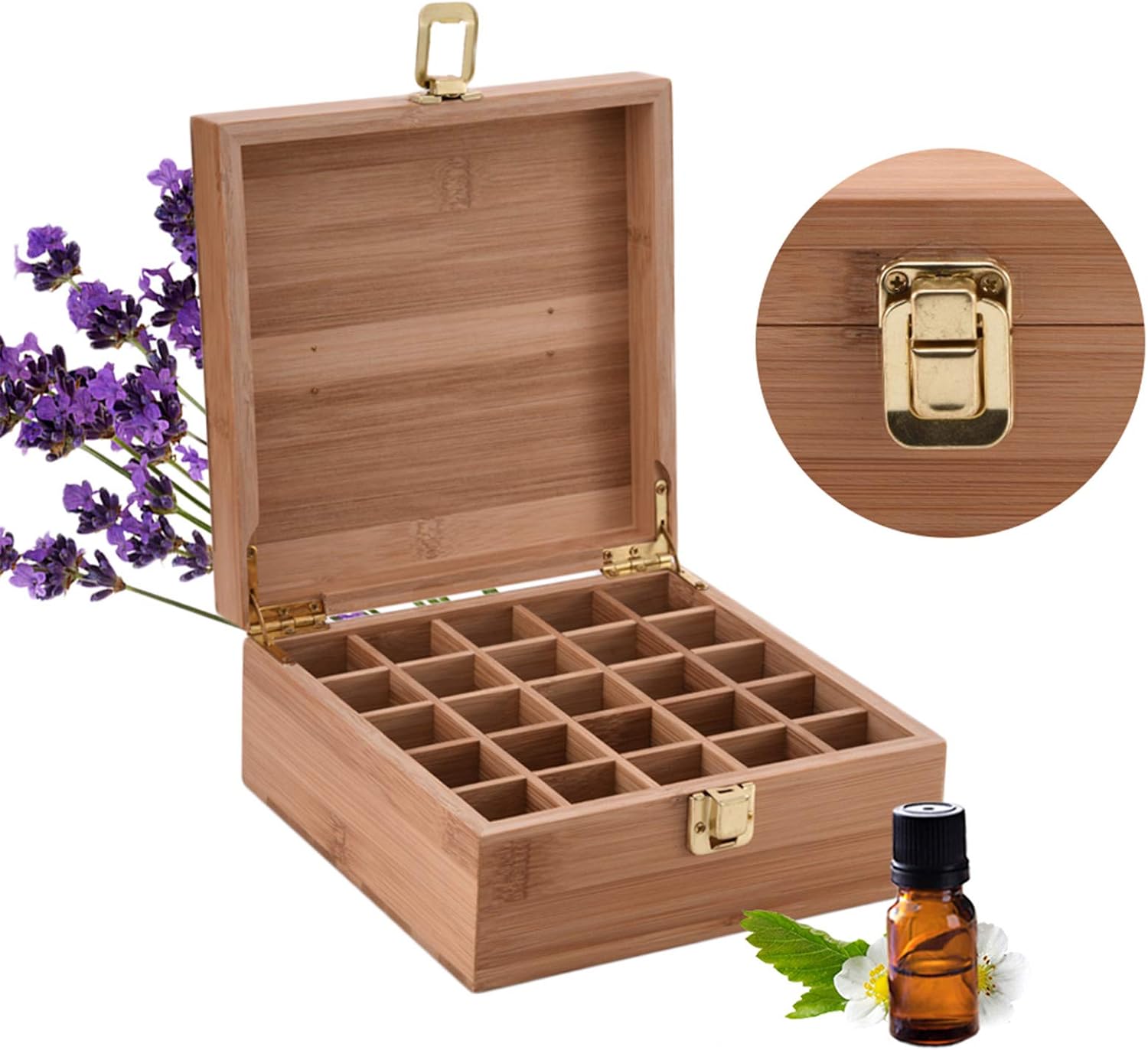 Pure Vie Caja de almacenamiento de bambú de aceite esencial, presentación de exhibición de viaje, capacidad para 25 botellas para 5, 10, 0.5 fl oz,