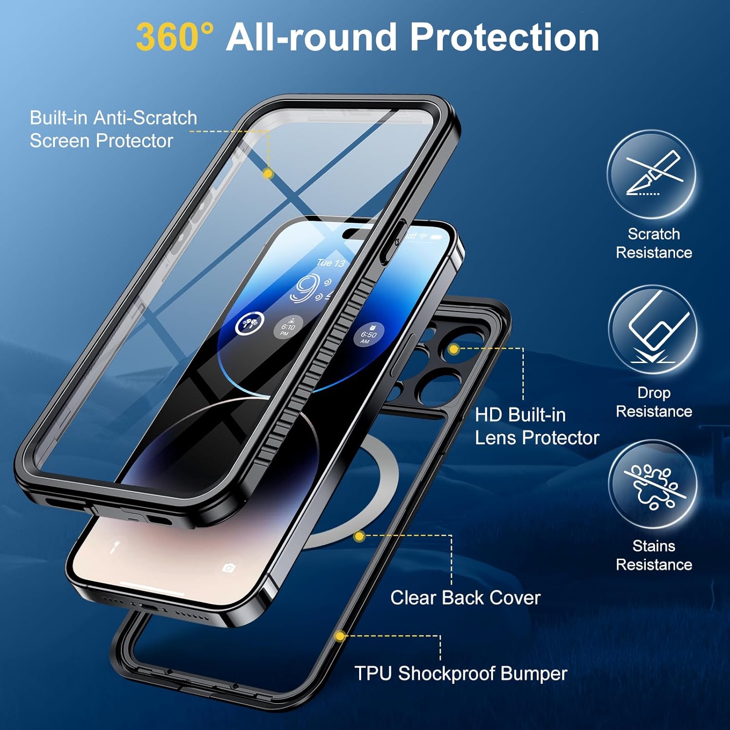 Humixx Funda impermeable para iPhone 14 Pro con anillo magnético, lente 9H integrada y protector de pantalla IP68 bajo el agua compatible con