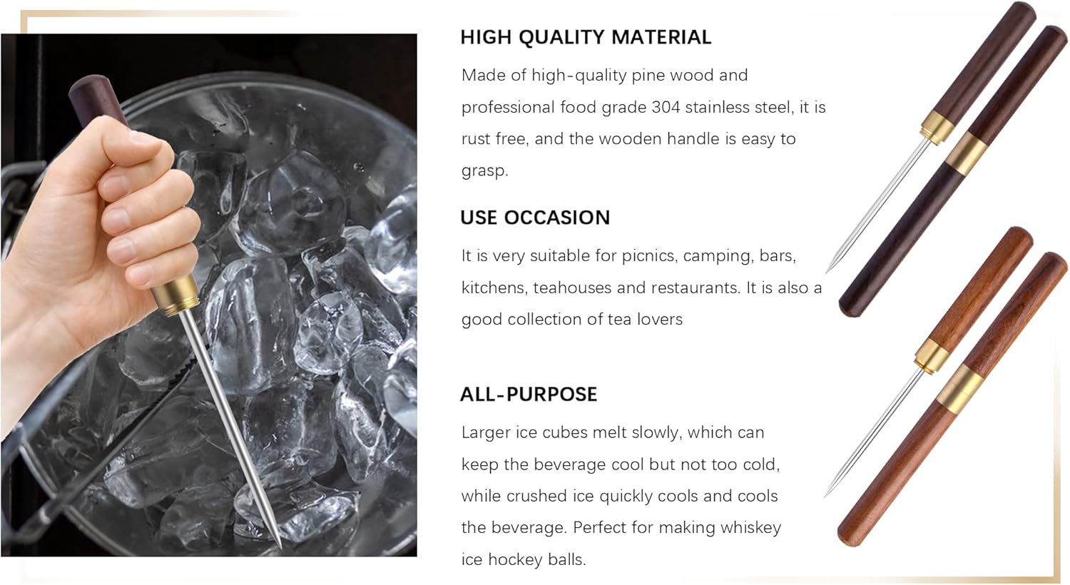 Palillos de hielo de 9 pulgadas con mango de madera de acero inoxidable con cubierta para cocina, bares, camareros, pícnics, camping y restaurante