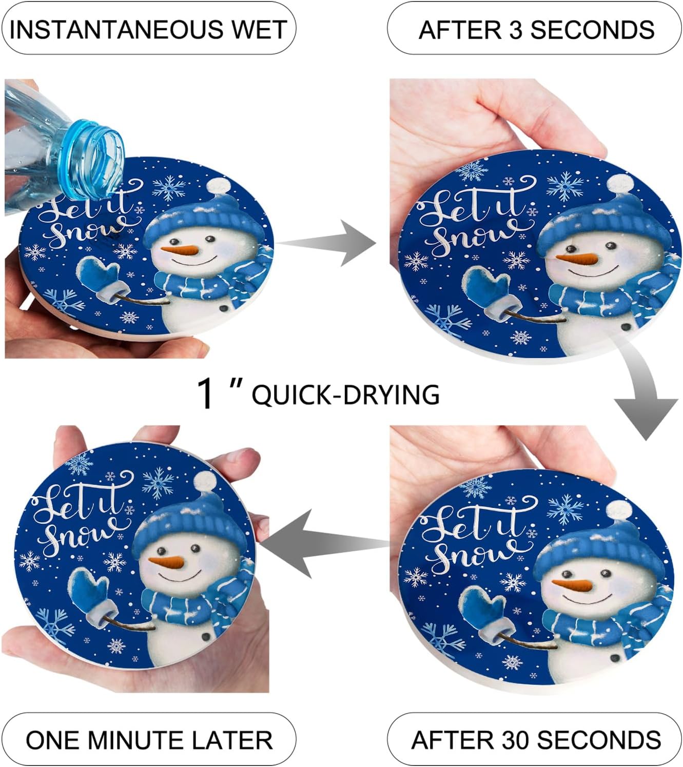 Juego de 4 posavasos de Navidad para bebidas, juego de 4 con soporte, muñeco de nieve de Navidad, copos de nieve de invierno, tapete de cerámica