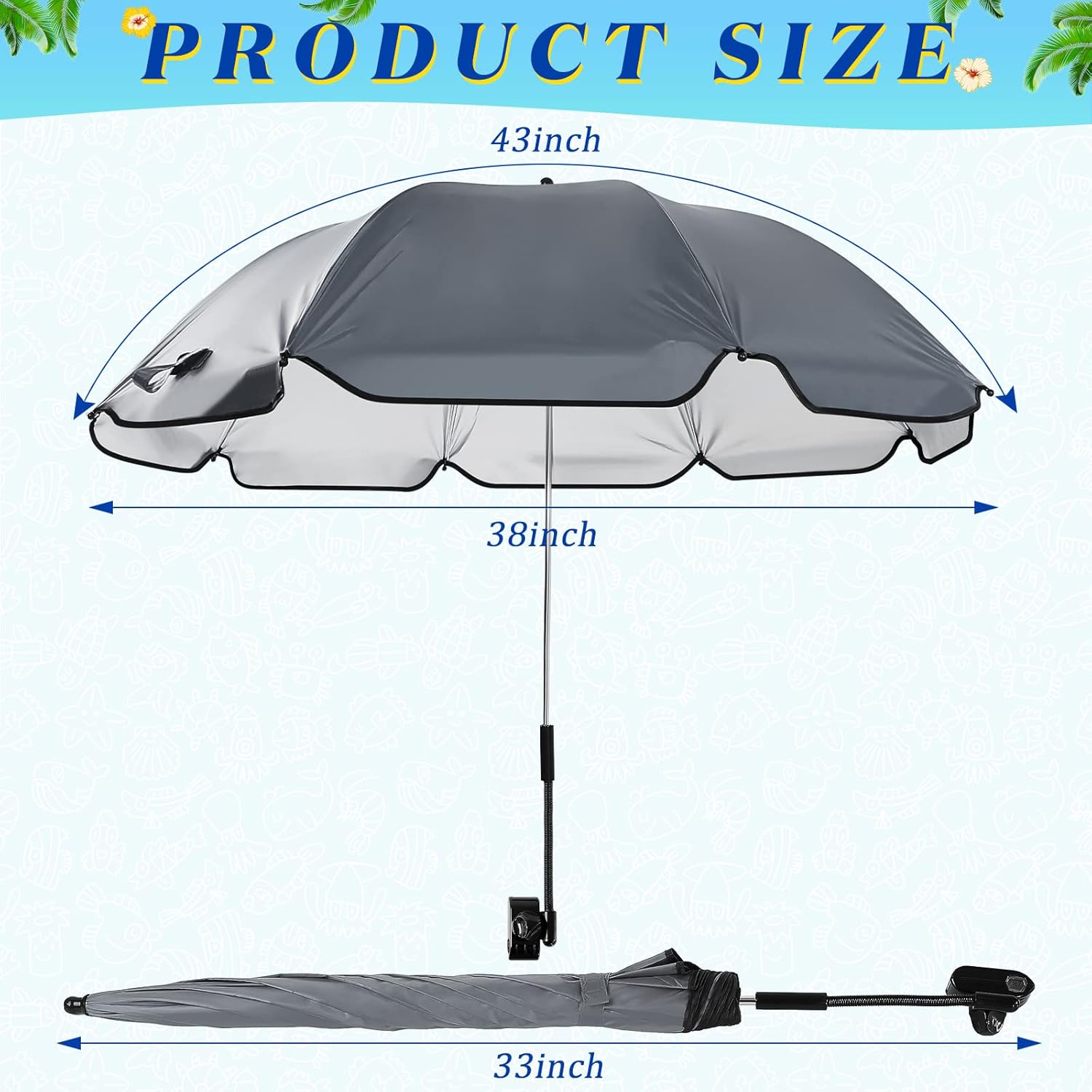 Buryeah Paraguas para silla con abrazadera universal de 43 pulgadas, UPF 50+, abrazadera portátil, sombrilla de playa para silla de ruedas