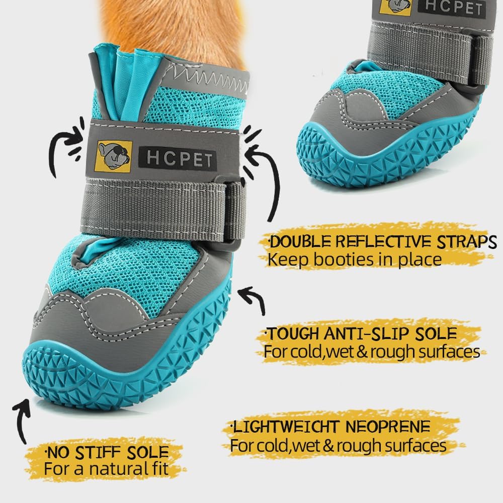 Hcpet – Botas de perro para mascotas, impermeables, transpirables, antideslizantes, 3M, con correa reflectante de tamaño pequeño a grande, 4 unidades