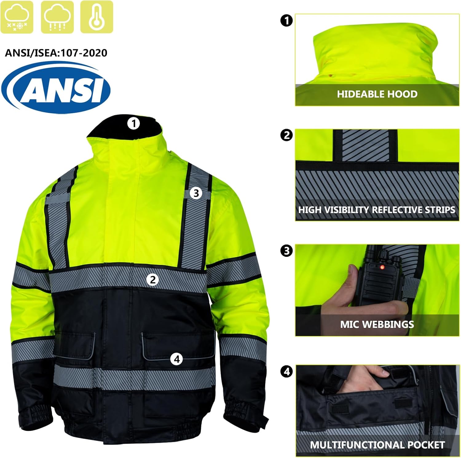Hi Vis – Chaquetas de invierno reflectantes de seguridad para hombre, forro polar, chaqueta de alta visibilidad ANSI Clase 3 (amarillo, M)