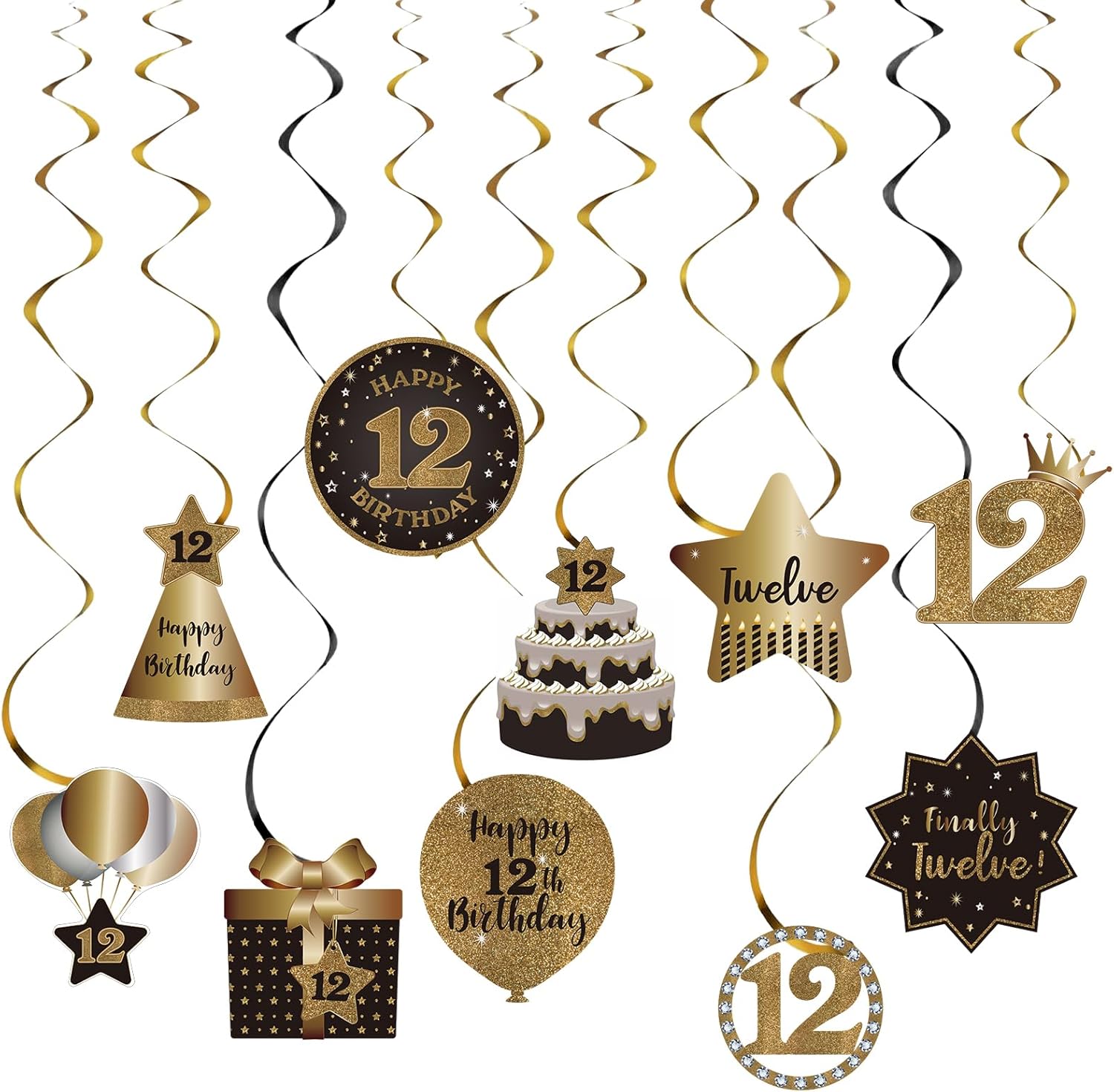 Decoración de techo de remolinos colgantes para fiesta de cumpleaños número 12, celebración, 12 espirales colgantes de aluminio con recortes para 12