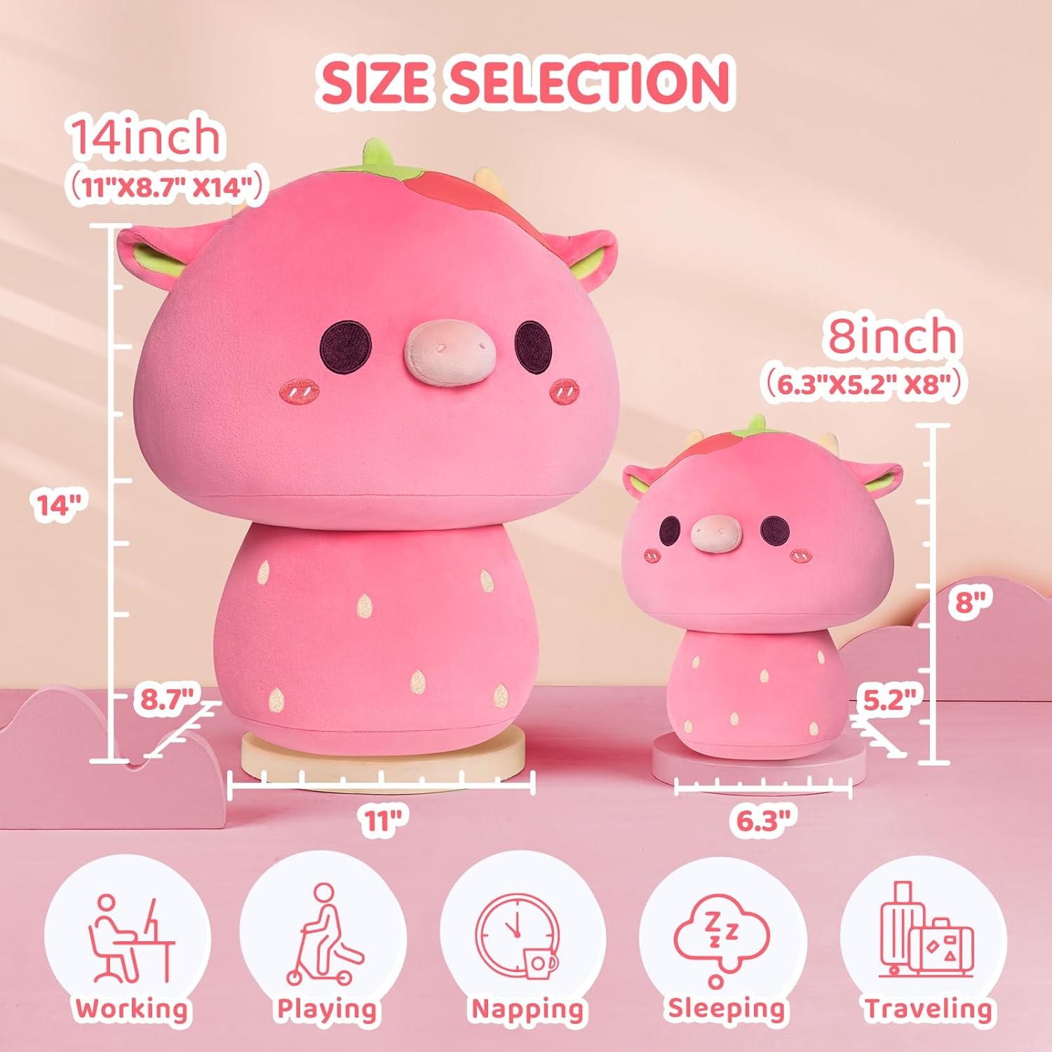 Almohada de peluche de vaca de fresa de 14 pulgadas, almohada suave de peluche, animales de peluche Kawaii de vaca fresa, lindos juguetes de
