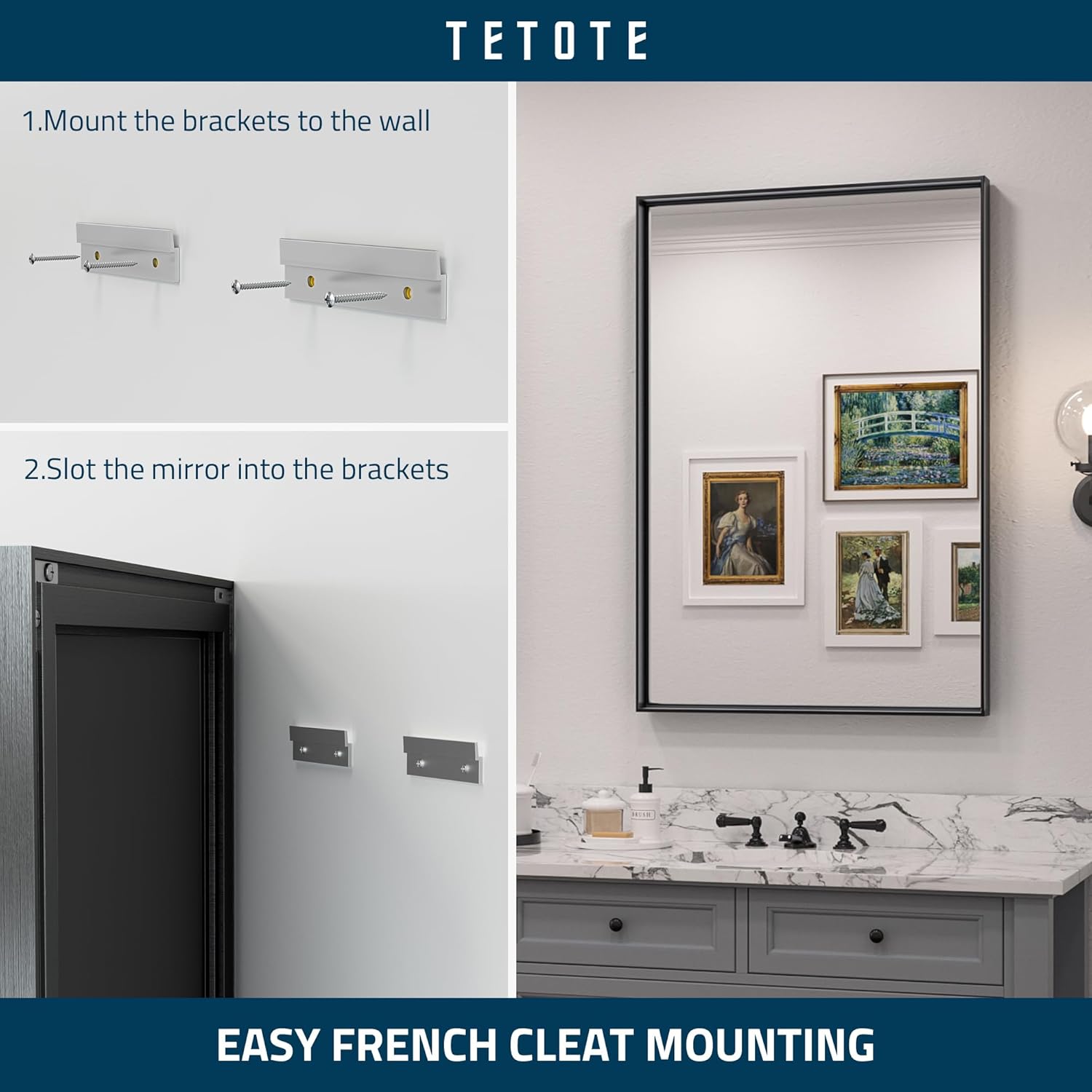 TETOTE Espejo de baño con marco negro de 48 x 30 pulgadas, espejo rectangular grande con marco de metal negro mate, espejo de pared rectangular