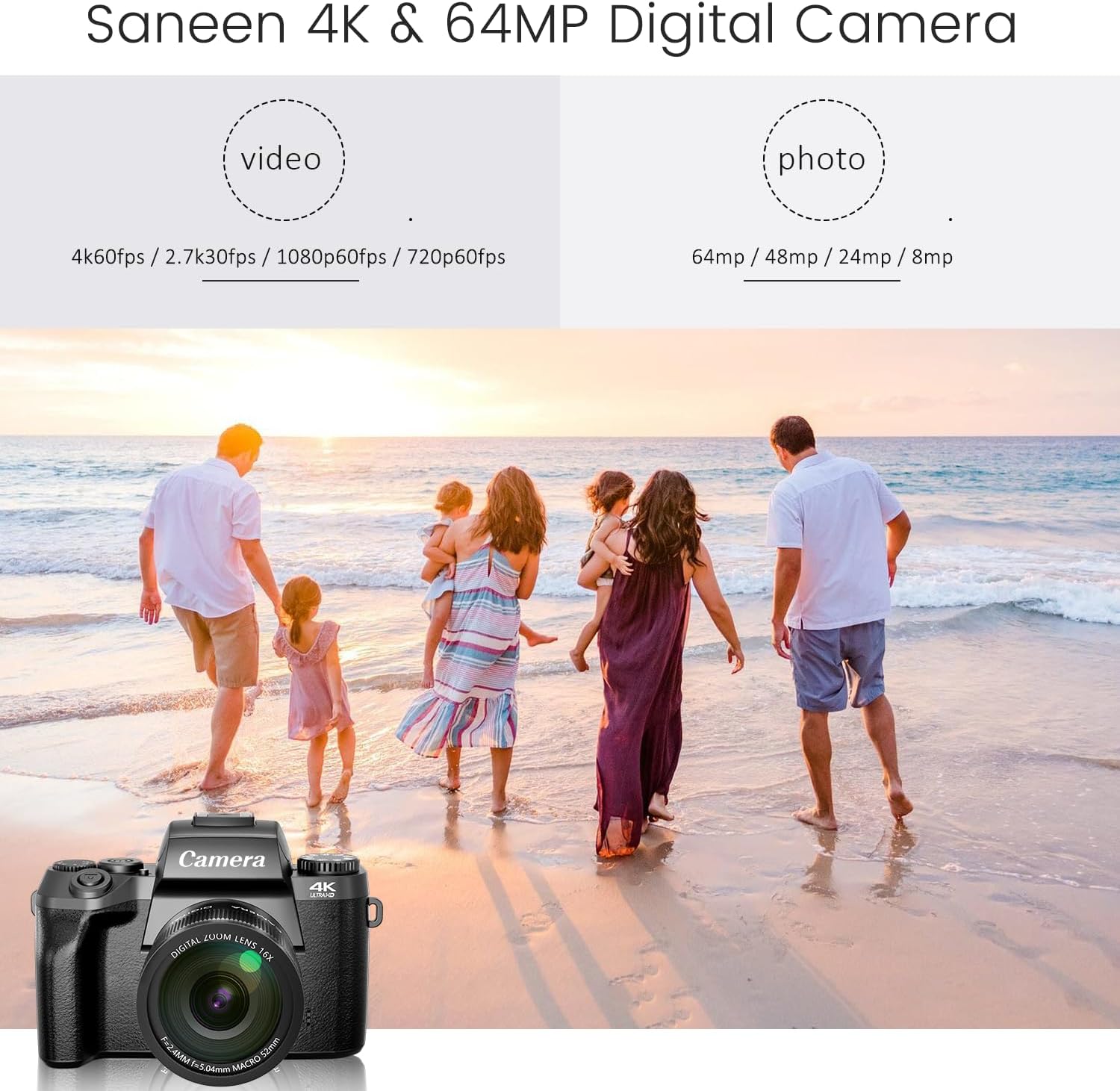 Saneen Cámara digital, cámaras 4K para fotografía y video, cámara de vlogging con pantalla táctil WiFi de 64 MP para YouTube con Flash, tarjeta SD