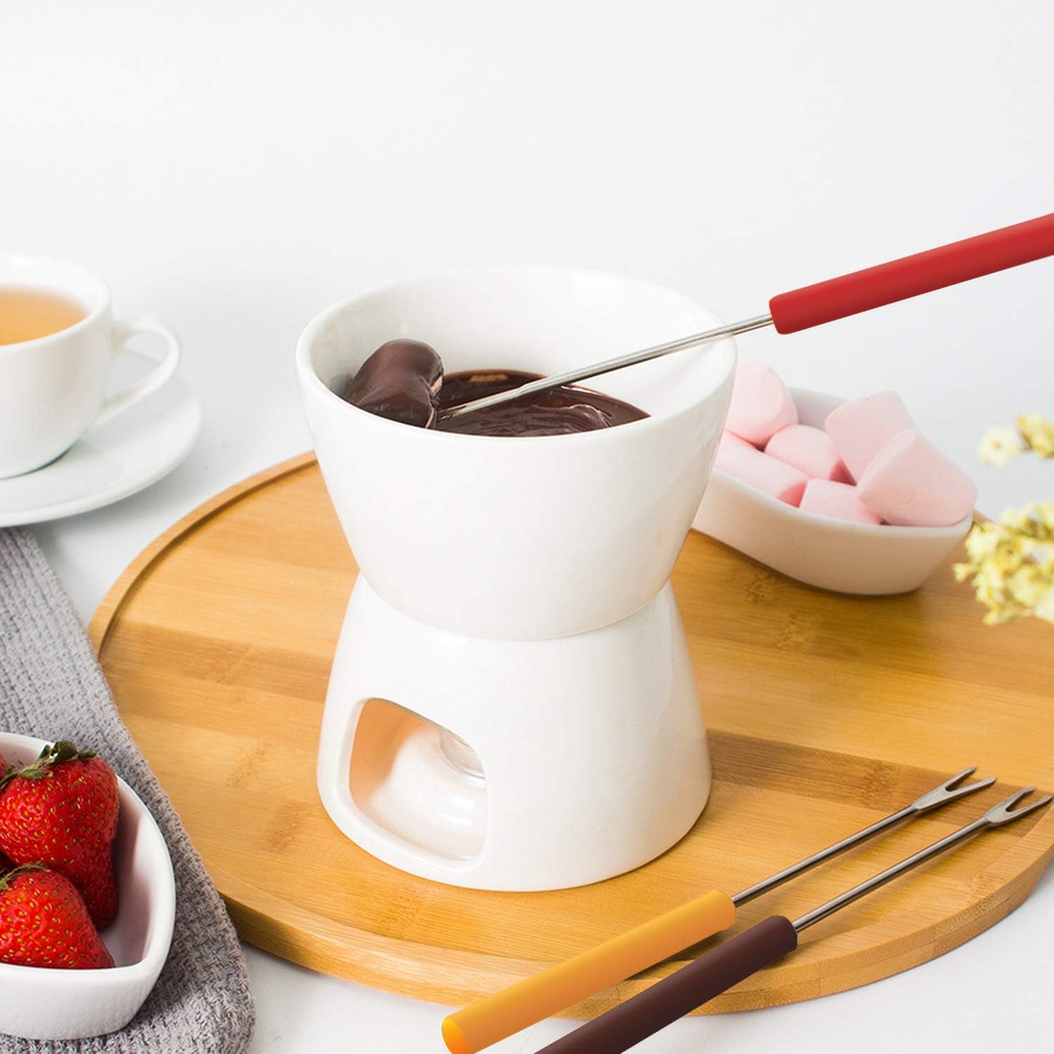 Juego de fondue de cerámica para bombones y quesos, color blanco