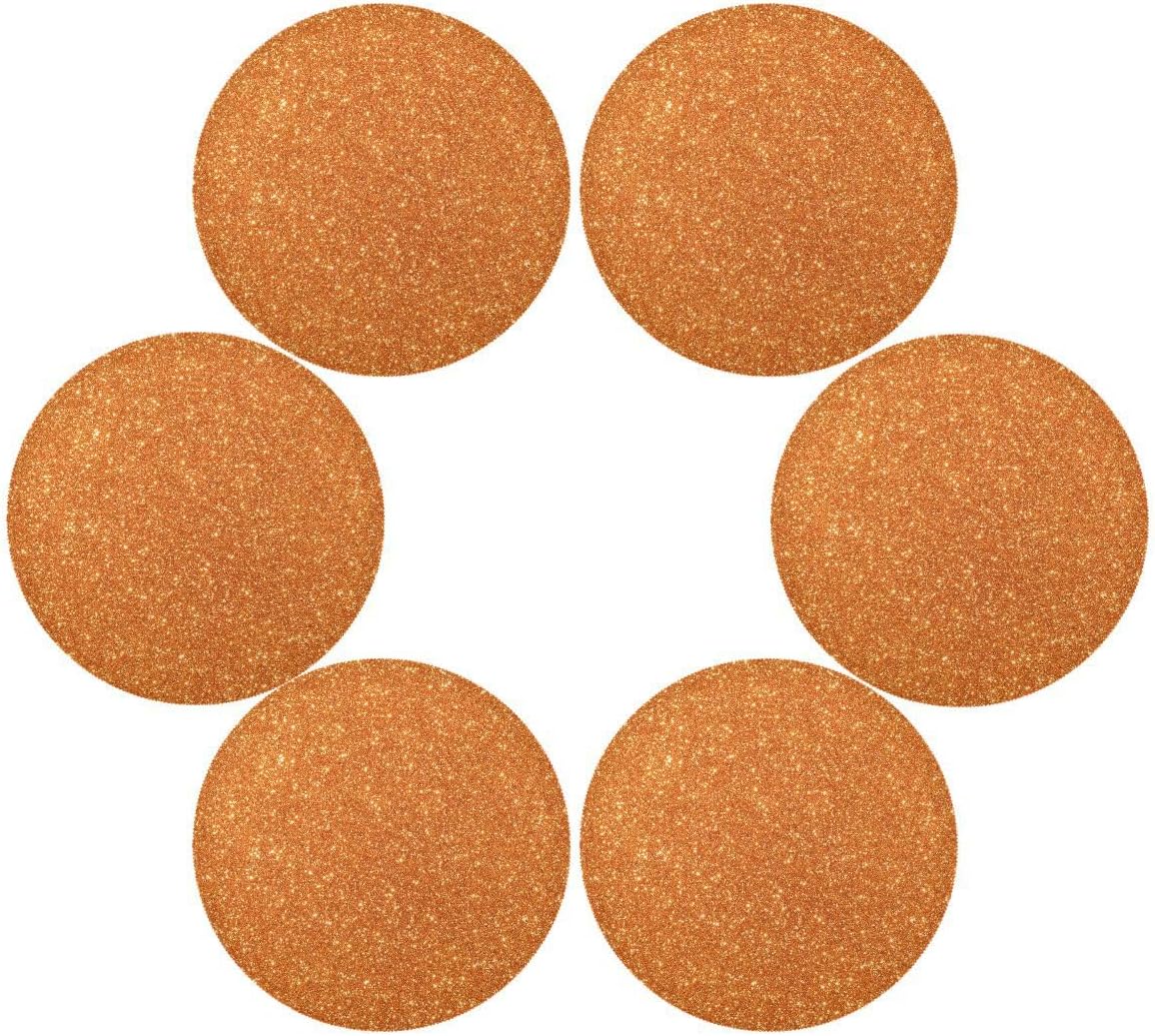 Juego de 6 manteles individuales redondos con purpurina de color naranja brillante para cocina, para decoración de fiestas del hogar, vacaciones, 15