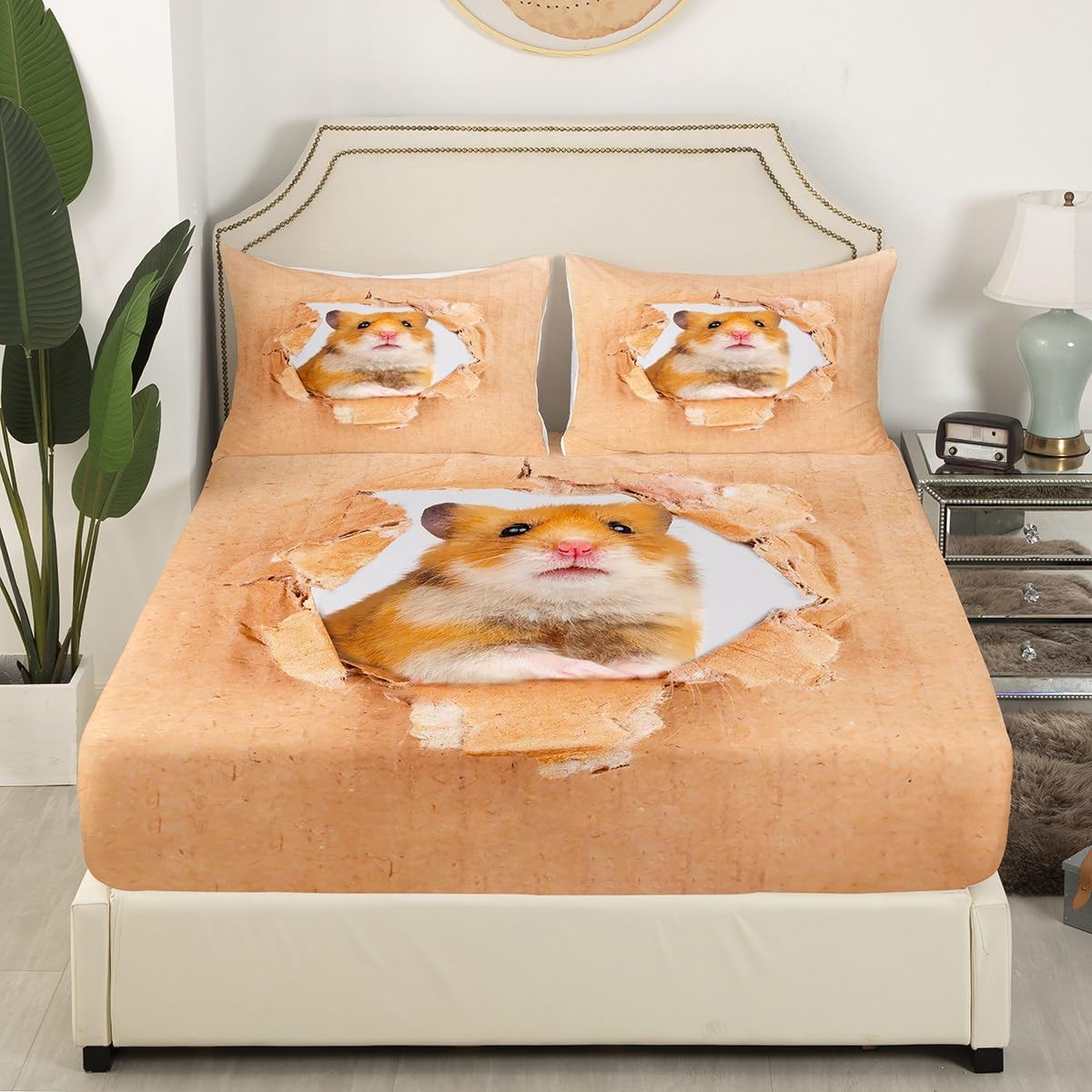 Erosebridal Juego de sábanas de hámster, tamaño matrimonial, color marrón, diseño de ratón 3D, lindo animal, sábana bajera ajustable Kawaii para