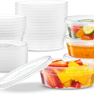 Elegant Disposables 8 onzas  24 juegos de recipientes de plástico para almacenamiento de alimentos con tapas flexibles herméticas para microondas, Elegant Disposables 8 onzas  24 juegos de recipientes de plástico para almacenamiento de alimentos con tapas flexibles herméticas para microondas,