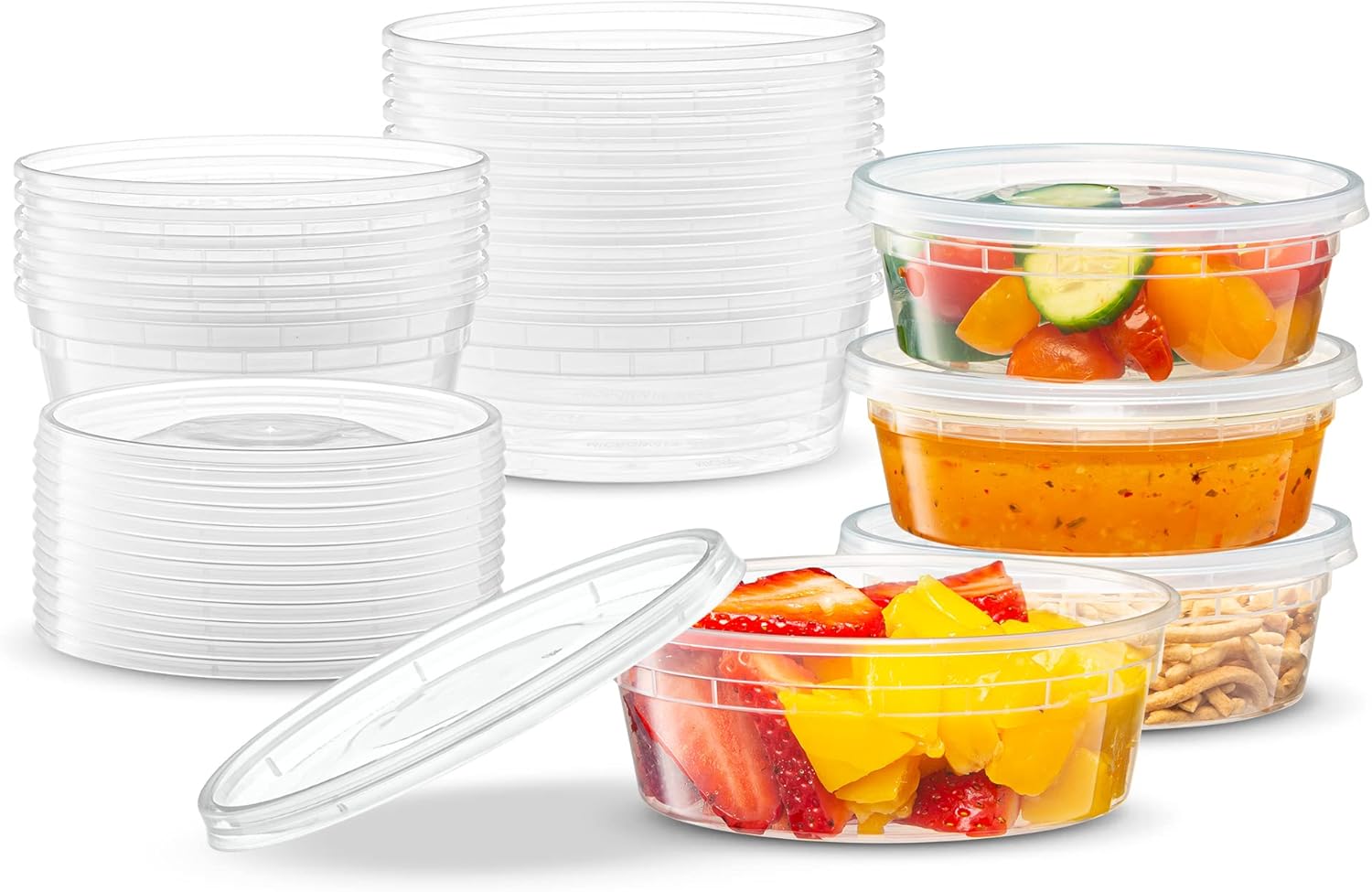 Elegant Disposables 8 onzas  24 juegos de recipientes de plástico para almacenamiento de alimentos con tapas flexibles herméticas para microondas,