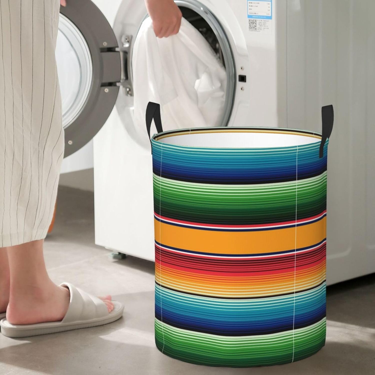 Cesta de lavandería con estampado de sarape mexicano, a rayas, impermeable, plegable, con asa duradera, cesta de almacenamiento circular, bolsa de