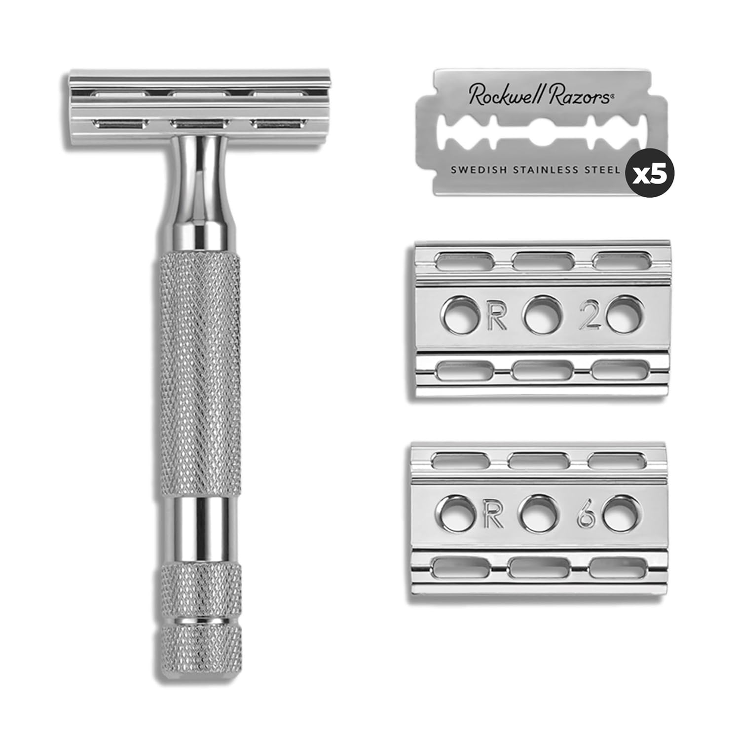 Rockwell Razors 6C – Maquinilla de afeitar de seguridad de doble filo cromado blanco para hombres y mujeres con 6 ajustes de afeitado ajustables y 5