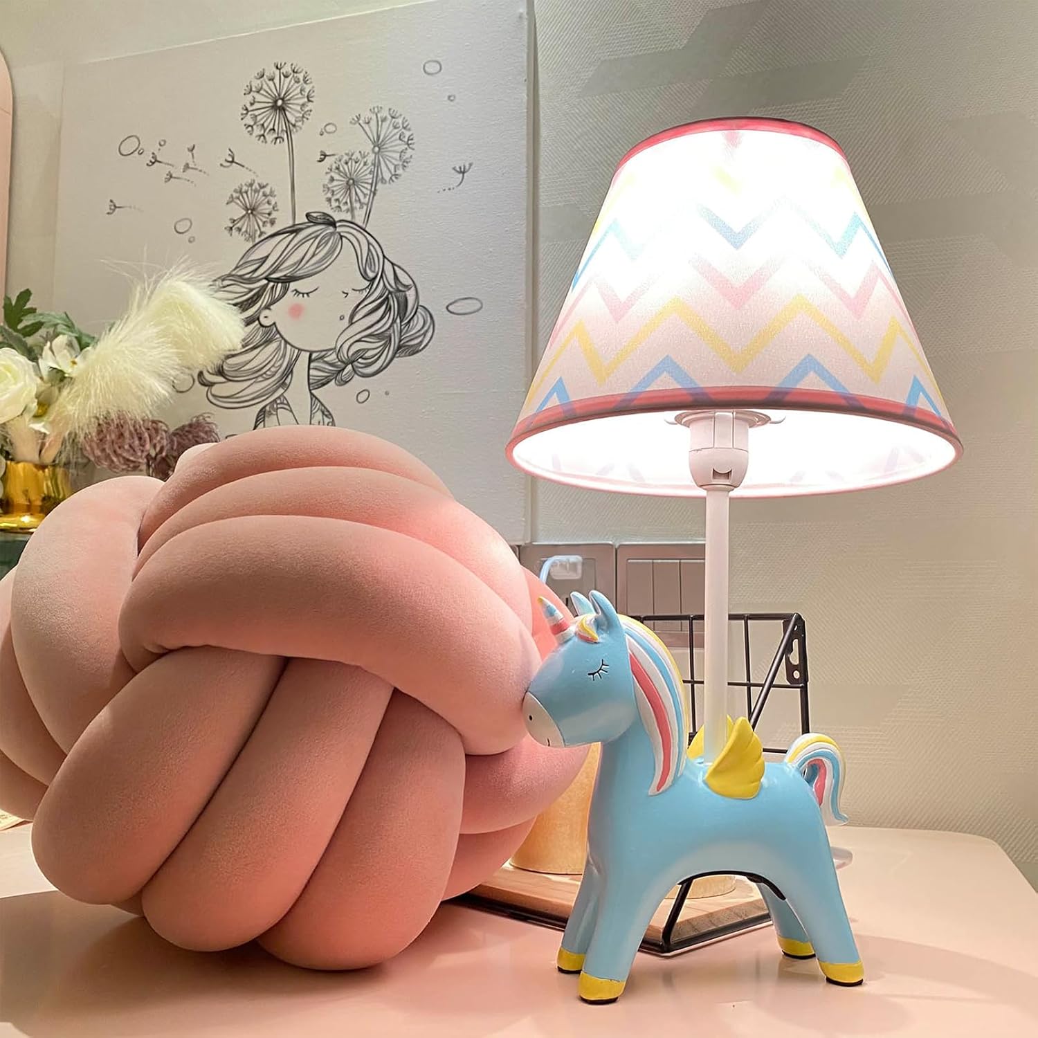 Lámpara de mesa, adorable lámpara de escritorio para niños, estilo unicornio de 13 pulgadas, lámpara de noche azul, ideal para decoración de