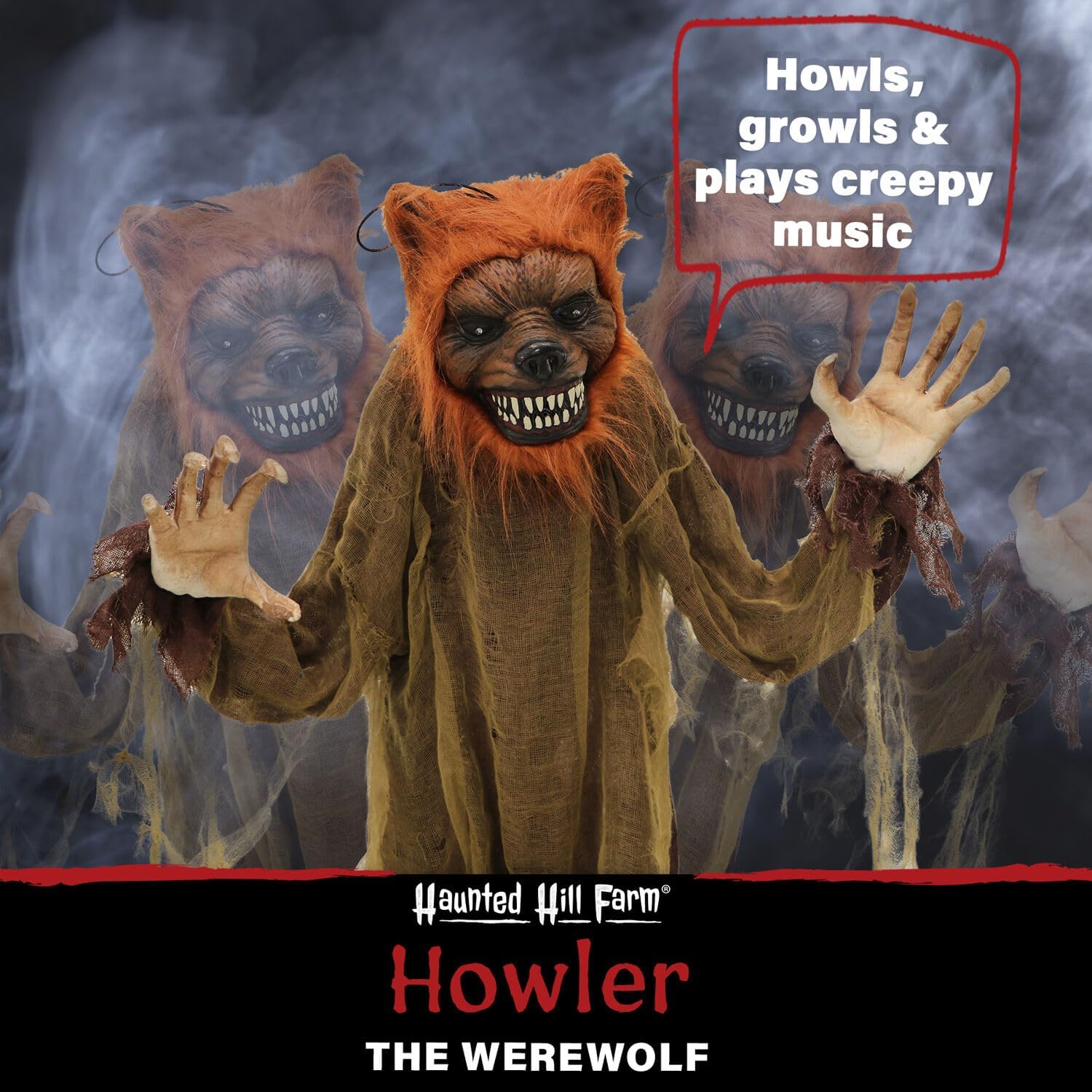 Haunted Hill Farm Hombre lobo animatrónico de tamaño real con luces activadas al tacto y sonido, posable, funciona con pilas para interiores o