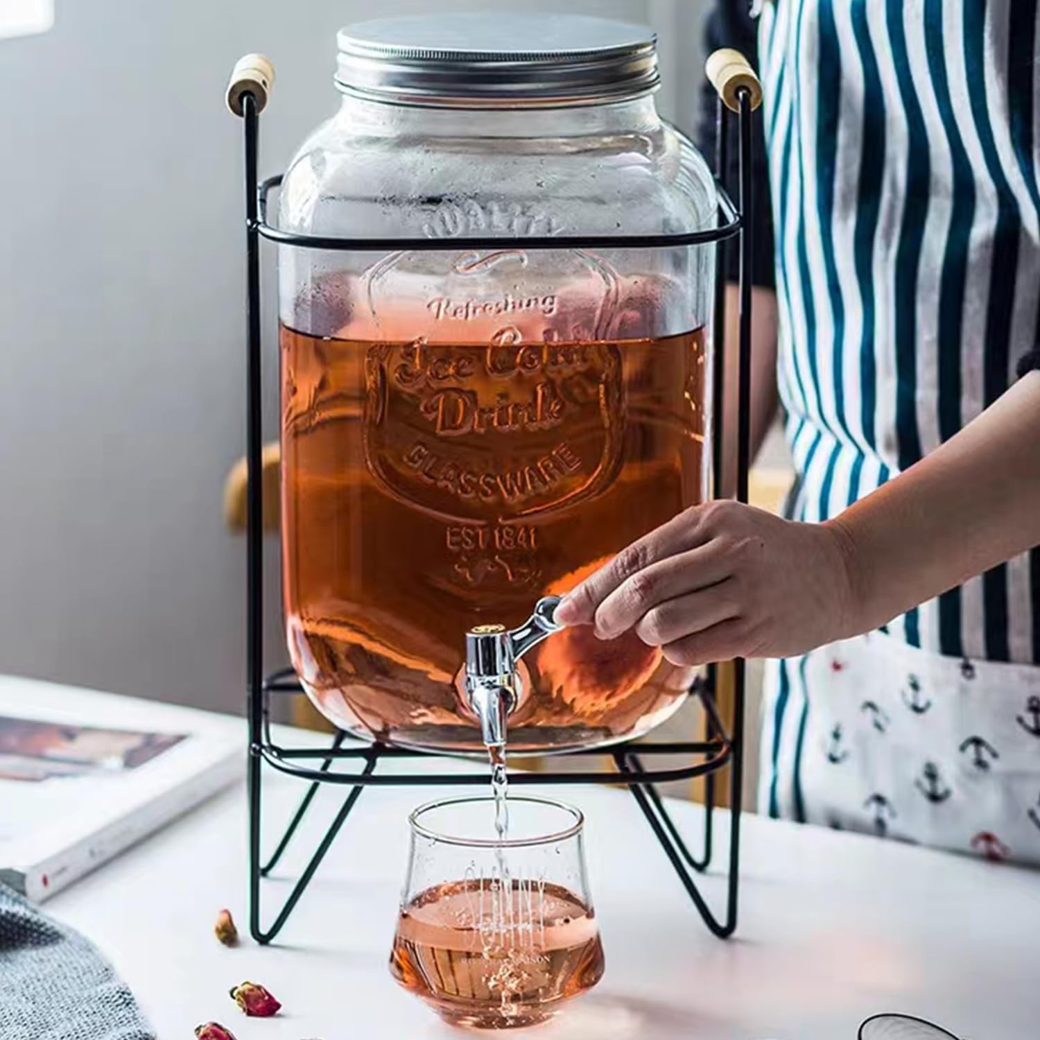 Dispensadores de bebidas de vidrio de 2 galones para fiestas, dispensador de vidrio con soporte y espita de acero inoxidable limonada cilindro de