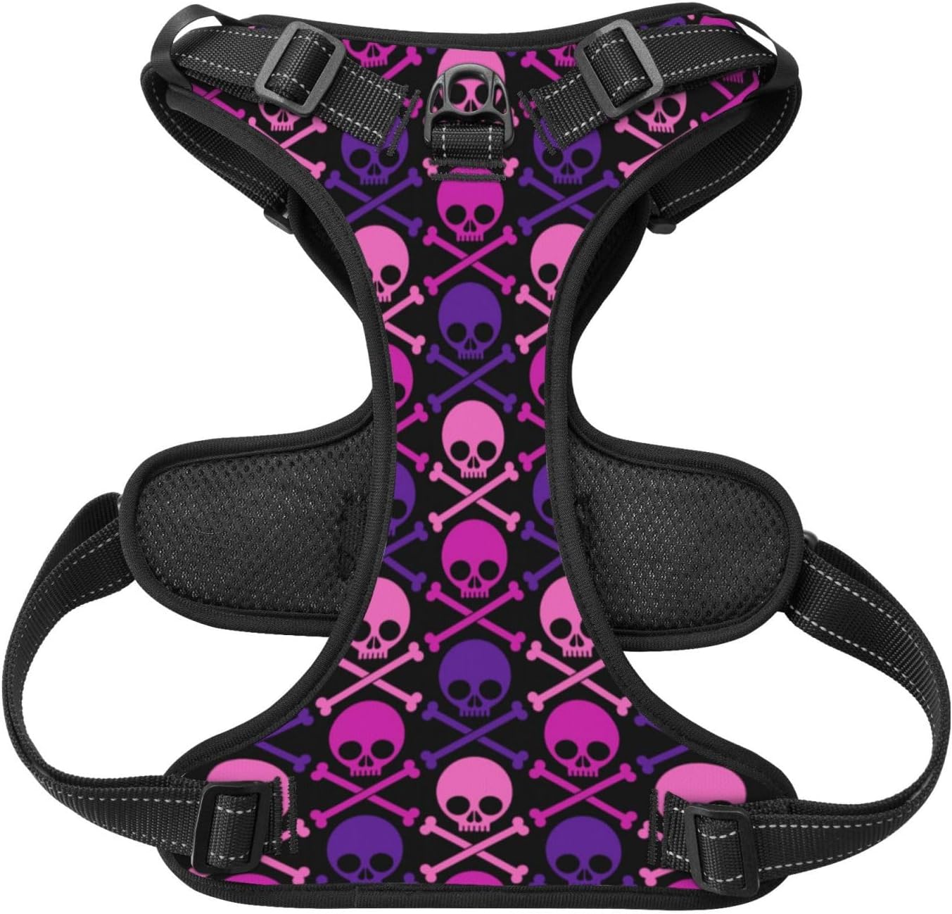 Arnés transpirable para perro con diseño de calavera cruzada morado y rosa, arnés para perro sin estrangulamiento, arnés para perro para caminar al