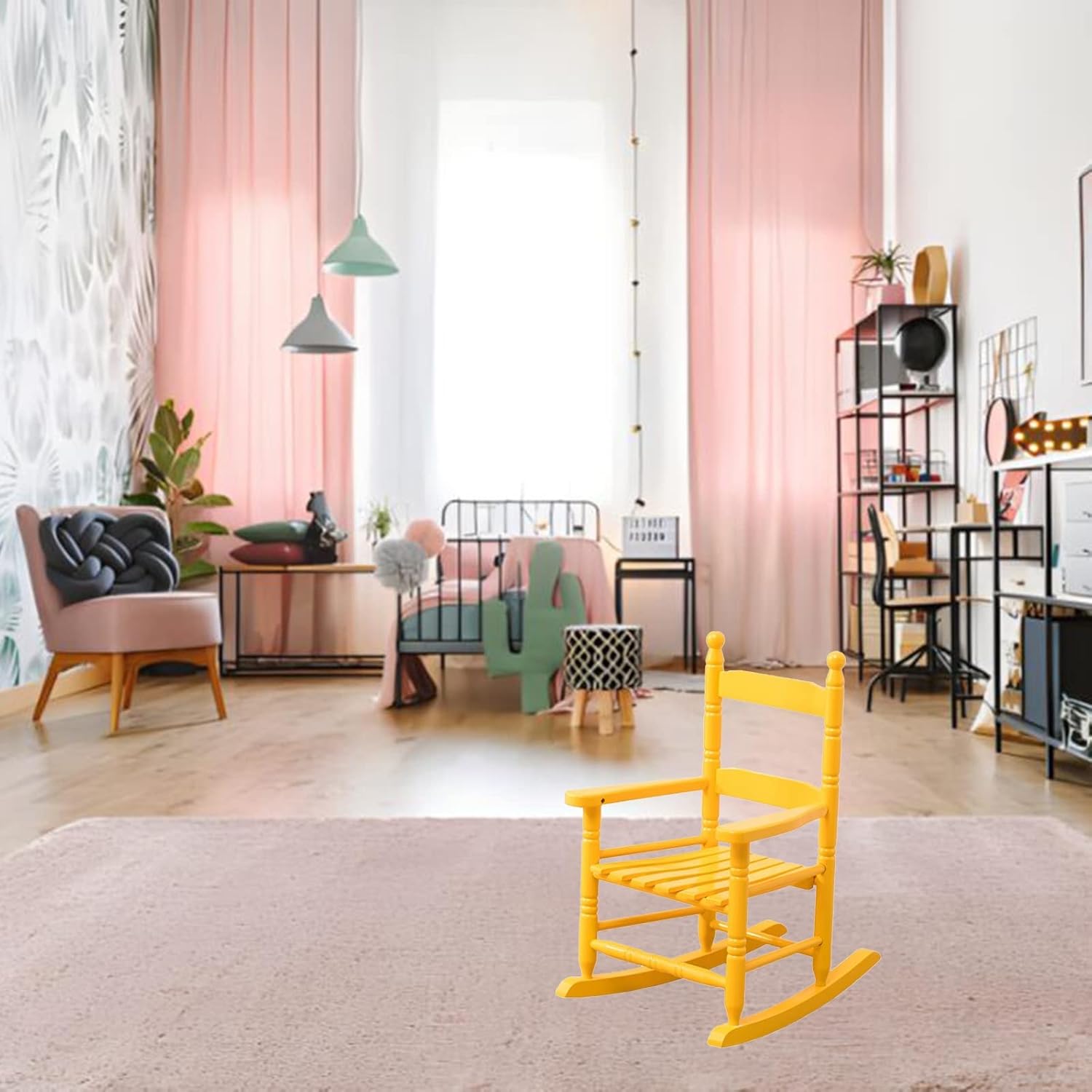 Mecedora amarilla para niños de 2 a 5 años, silla reclinable de madera resistente para dormitorio, jardín, patio, carga de 165.3 lbs  165 libras