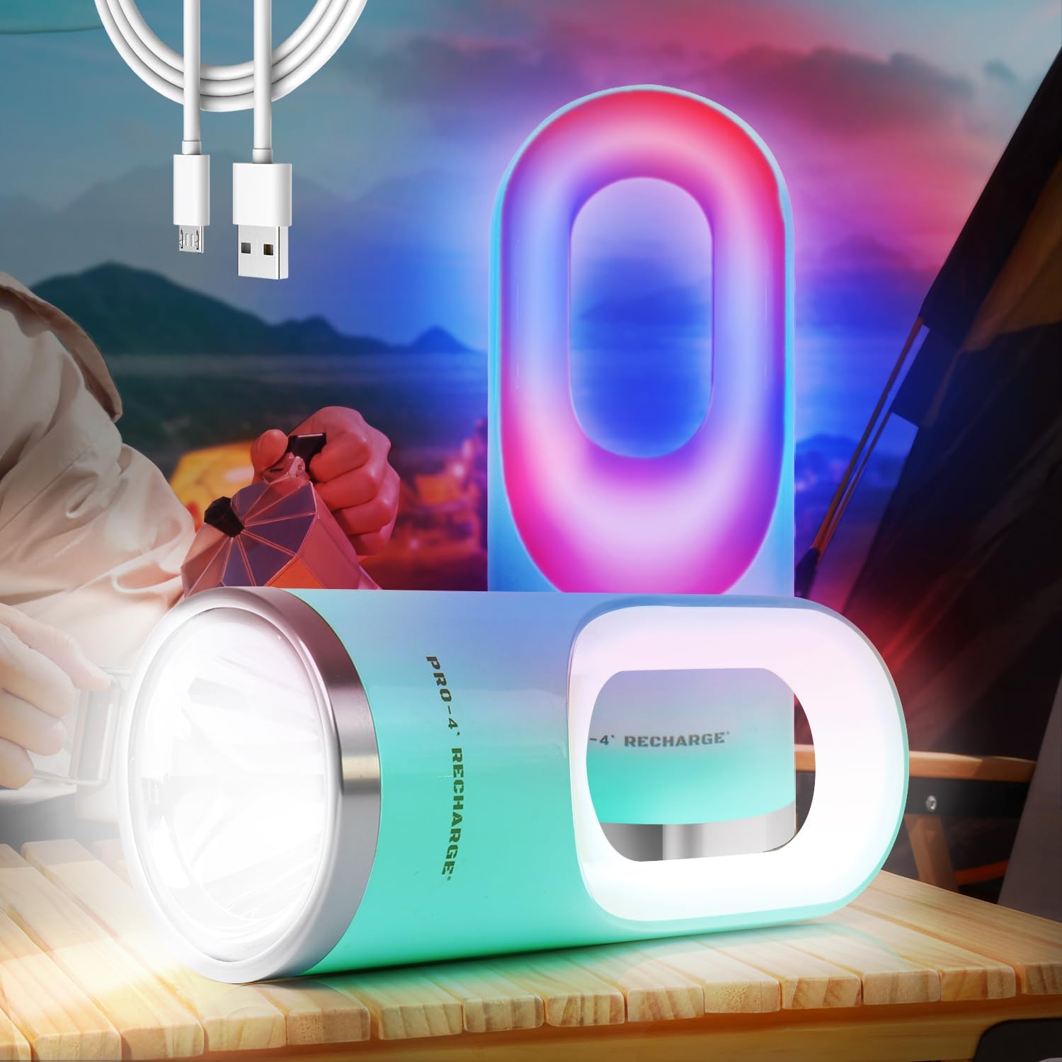 Linterna recargable para exteriores, portátil, en forma de U, para supervivencia, cortes de energía, 1800 mAh, luces ligeras de mano, 4 modos para