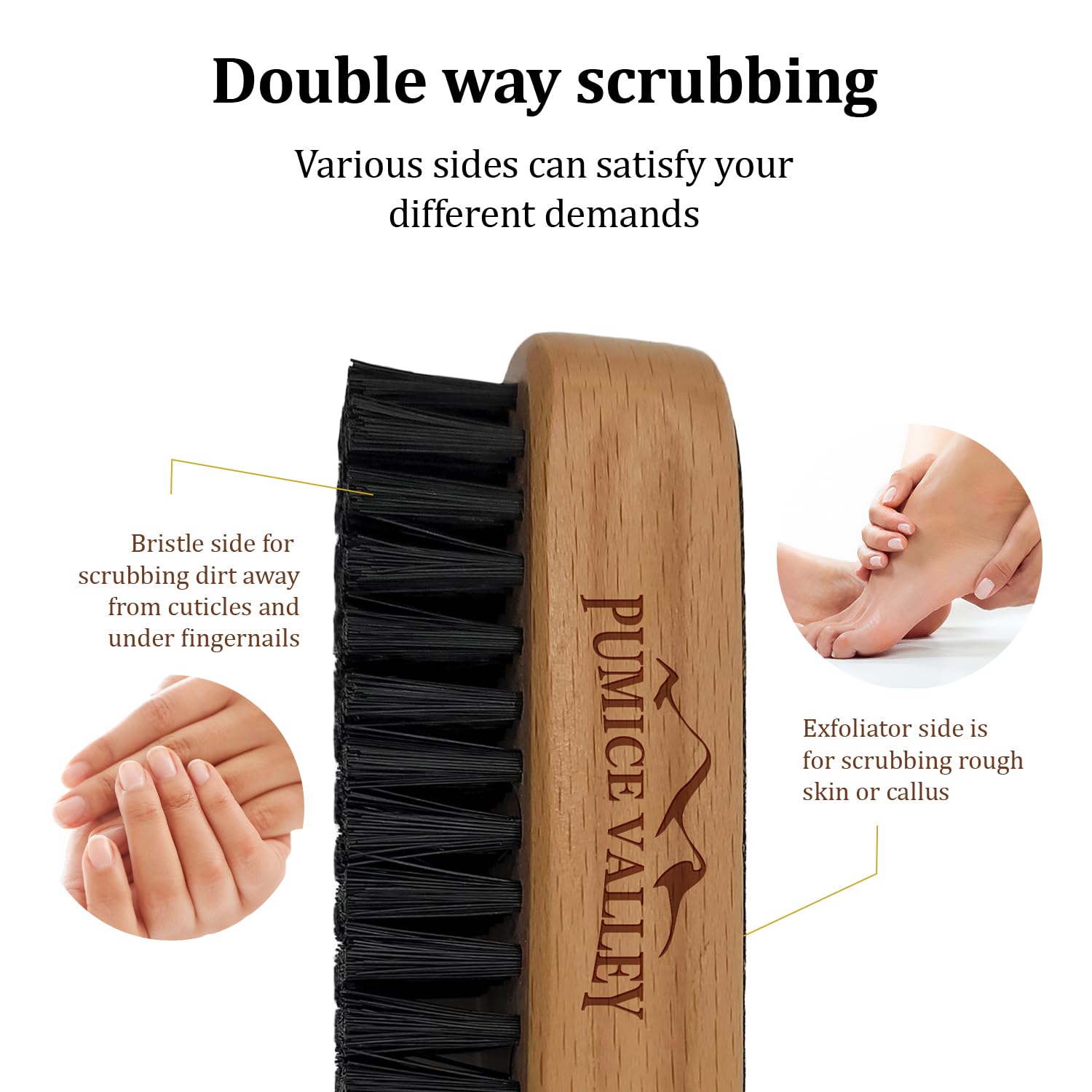 Cepillo de limpieza de madera para uñas con cerdas de carbón de nailon y cuerda para colgar, superficie de esmeril y cepillo de uñas para frotar las