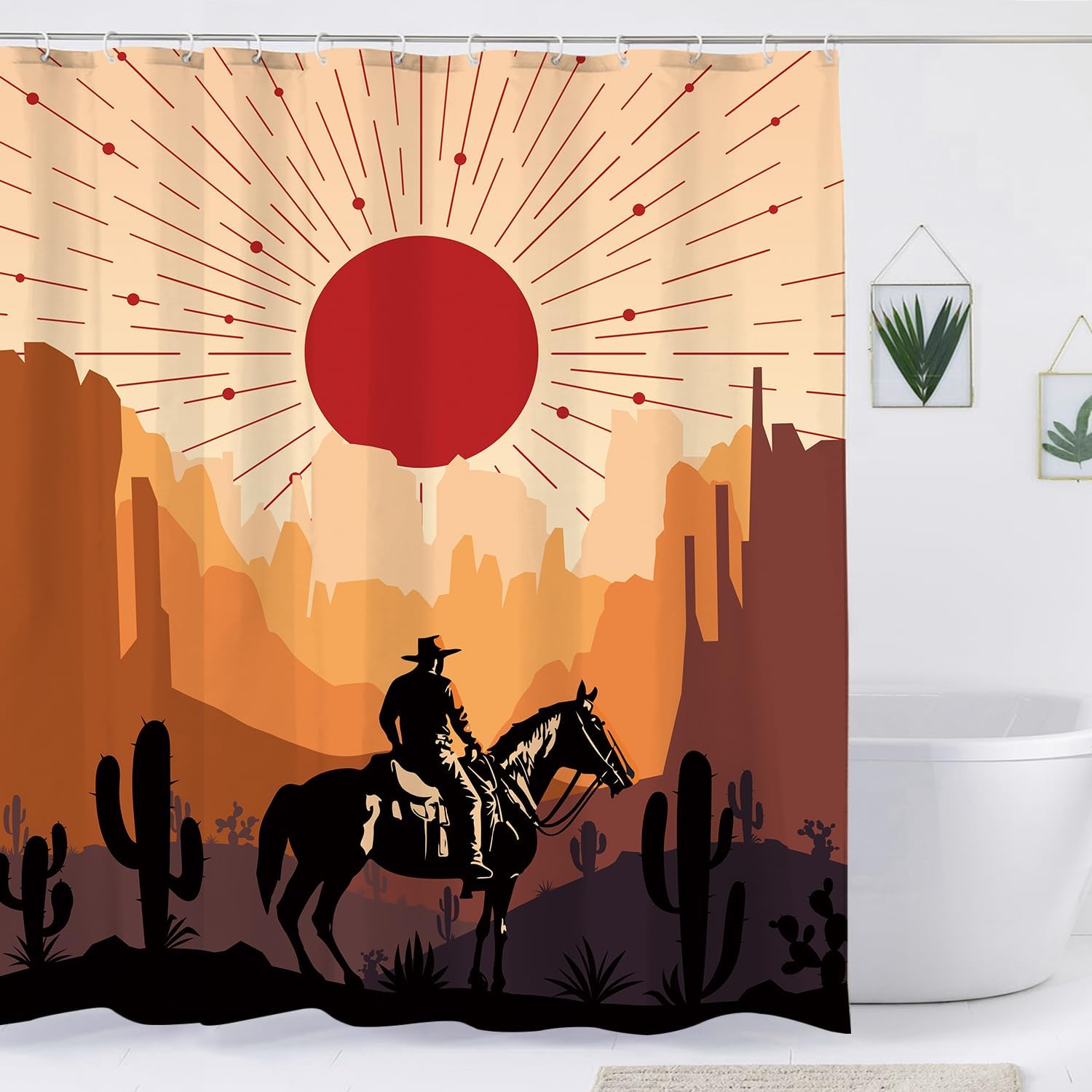 Ufeela Cortina de ducha de vaquero occidental, de 60 pulgadas de ancho x 72 pulgadas de alto, abstracto, bohemio, puesta de sol, cactus, paisaje