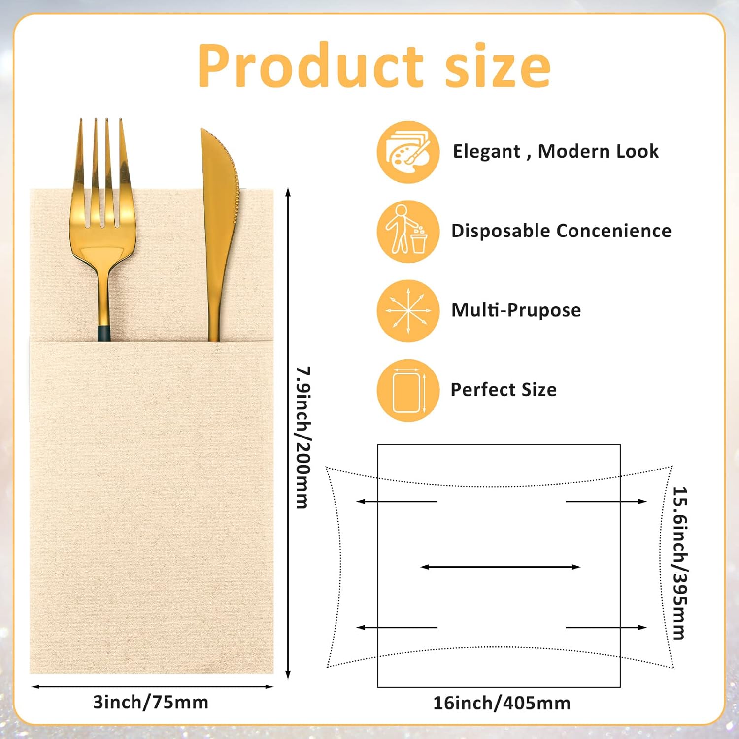 Servilletas desechables de papel Airlaid con tacto de lino, servilletas de papel preplegadas con bolsillo integrado para cubiertos para cubiertos,