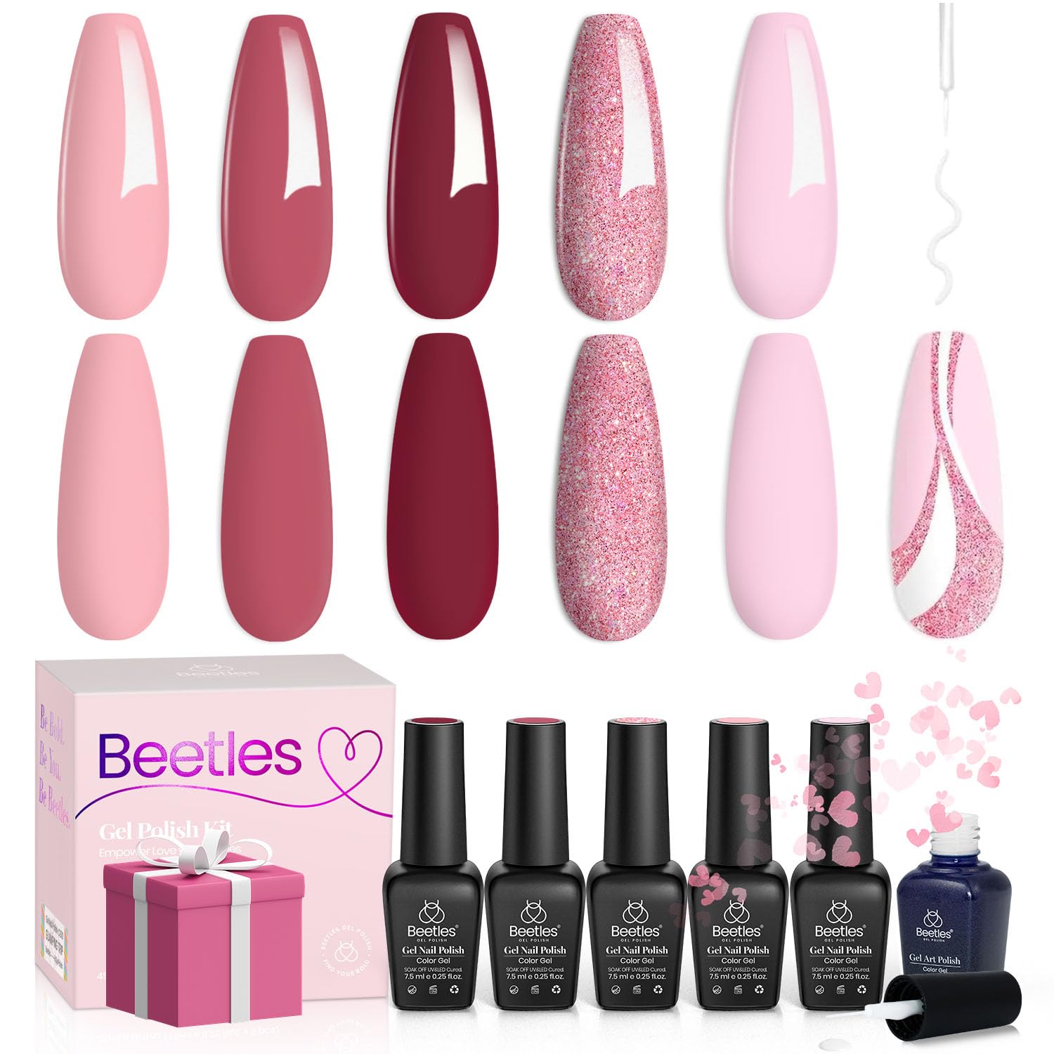 Beetles – Kit de 6 piezas y 5 colores de esmalte de gel de uñas City of Love, colores rosa y brillo y 1 gel delineador de uñas con lámpara