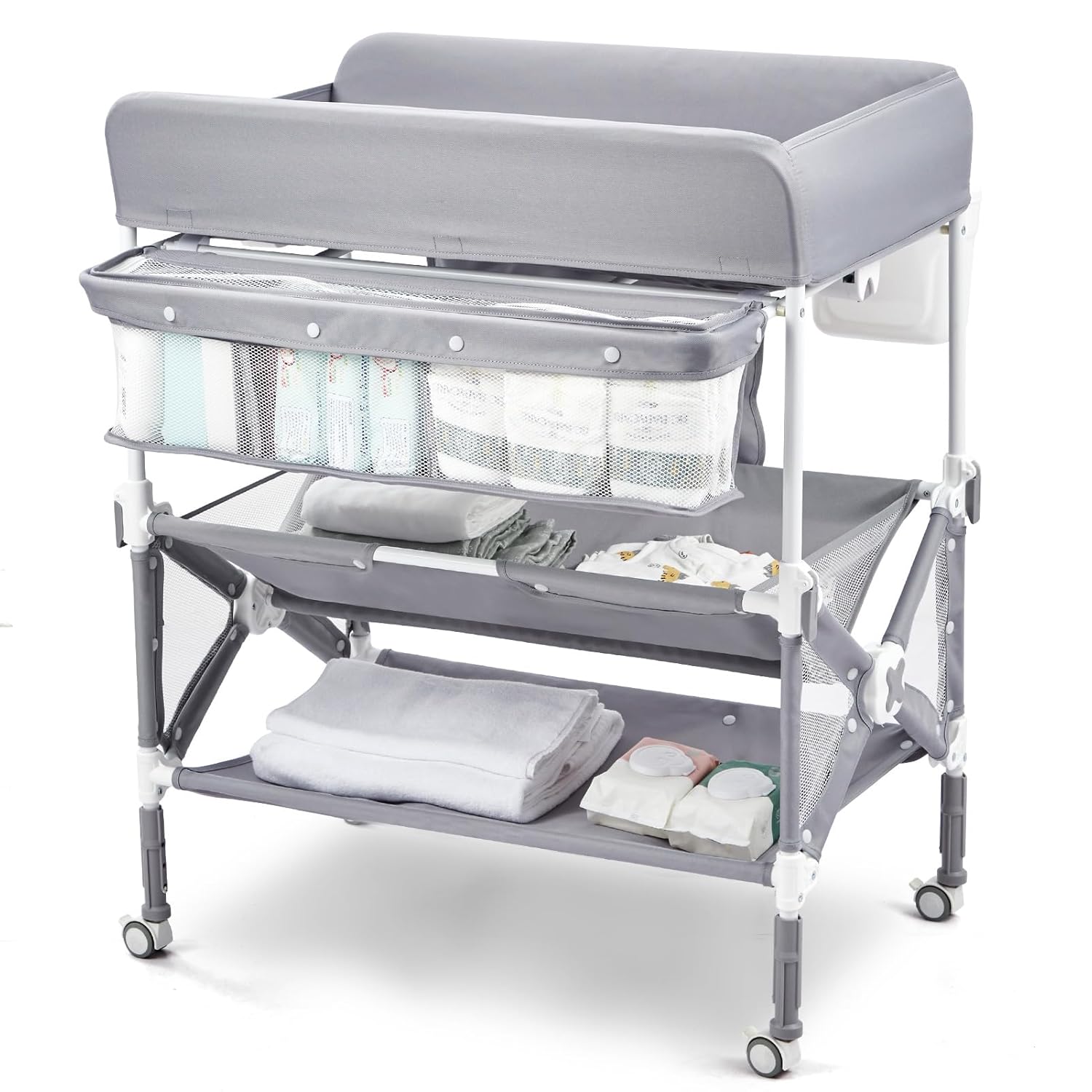 Cambiador portátil para bebé, mesa de cambio de pañales plegable con ruedas, altura ajustable, cubo de limpieza, cambiador para bebé, organizador de