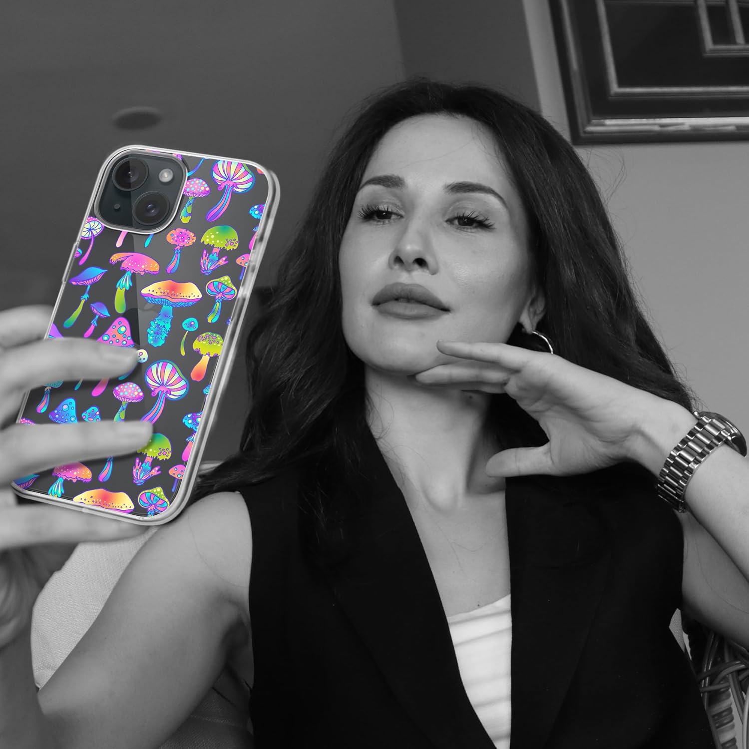 Funda diseñada para iPhone 15 Plus, diseño de hongos psicodélicos mágicos, funda transparente de hongos coloridos hippies para iPhone 15 Plus, a