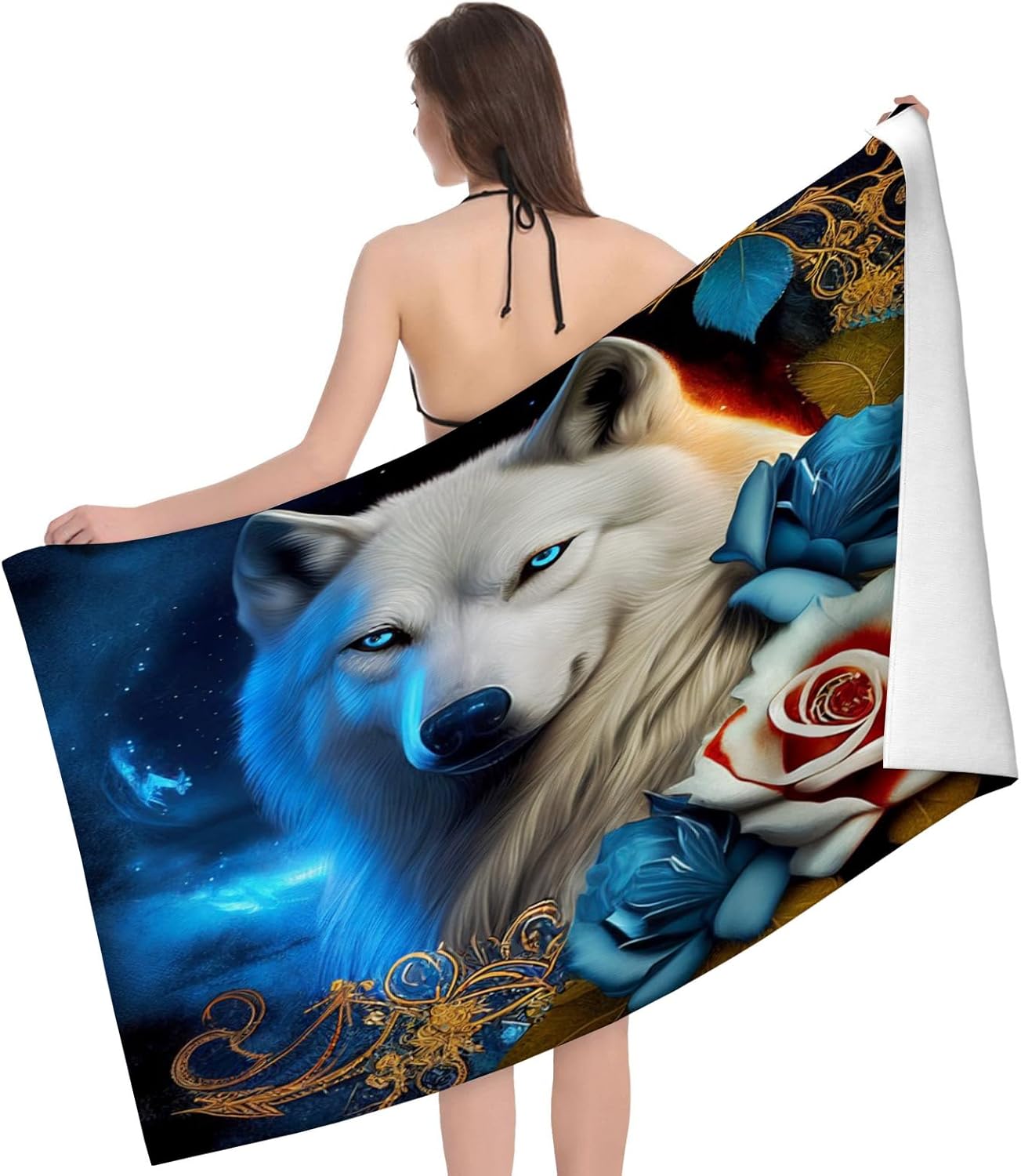 Yioniii Toalla de playa de lobo con ojos azules y rosas, toalla de playa resistente de gran tamaño para hotel, centro turístico, jacuzzi, spa, baño