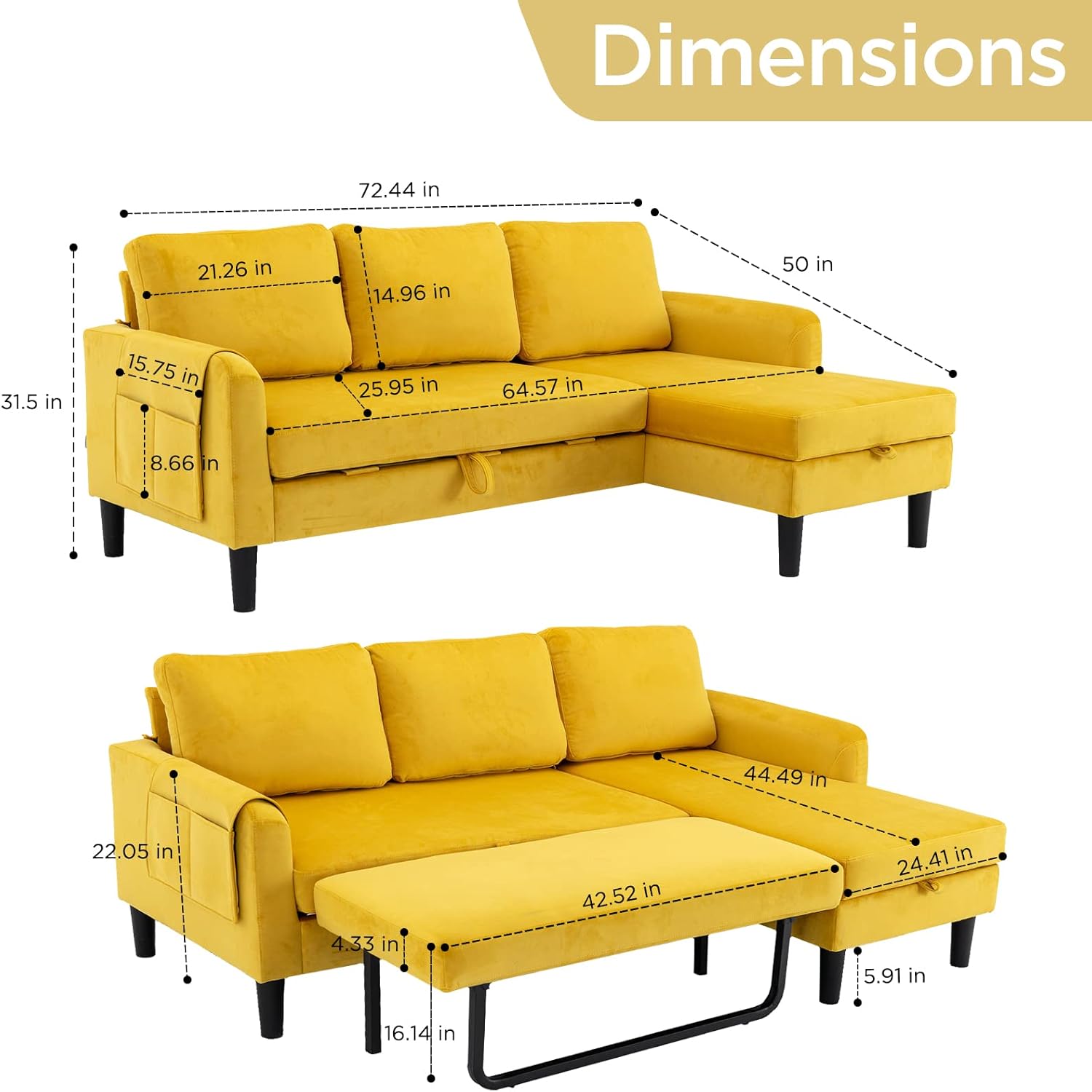 Akrenar Sofá modular reversible con almacenamiento, moderno sofá cama de tela de terciopelo en forma de L, sofás seccionales para sala de estar,