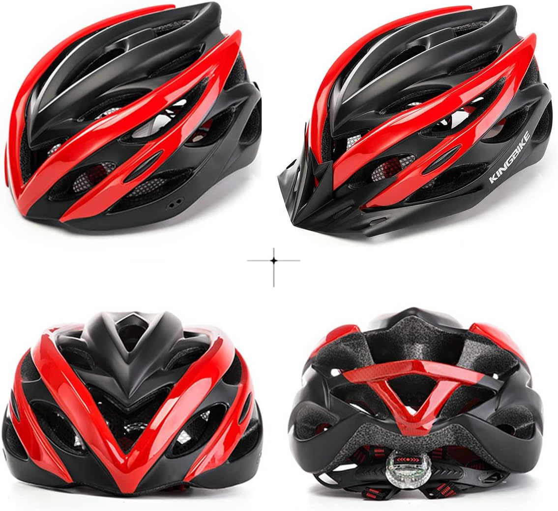 KINGBIKE Casco de bicicleta ligero y cómodo para adultos y jóvenes con luz trasera de seguridad LED + visera desmontable, mochila de almacenamiento
