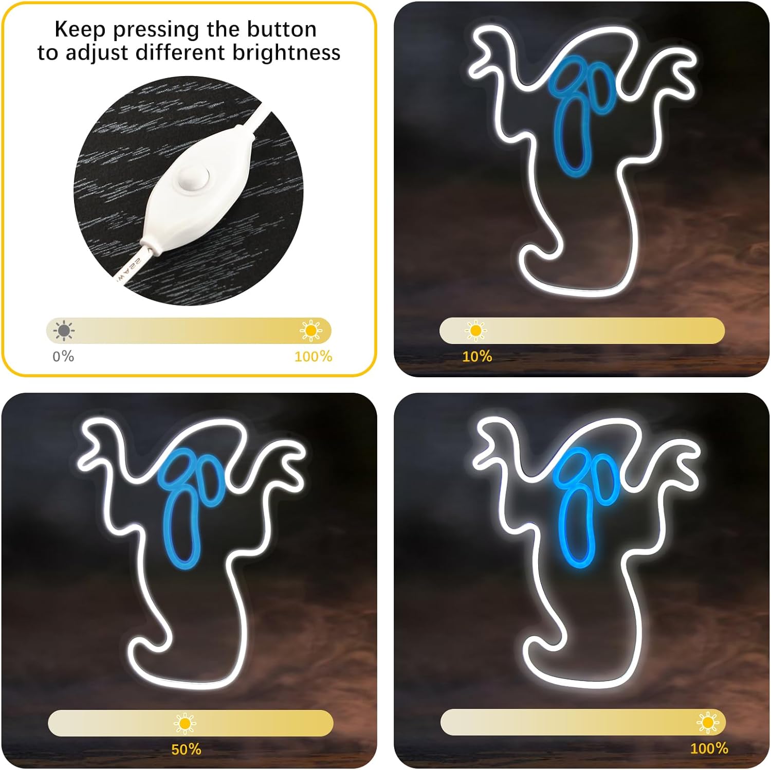 Letrero de neón de fantasma de Halloween con USB o funciona con pilas, decoración de pared de fiesta, luces colgantes de Halloween de brillo