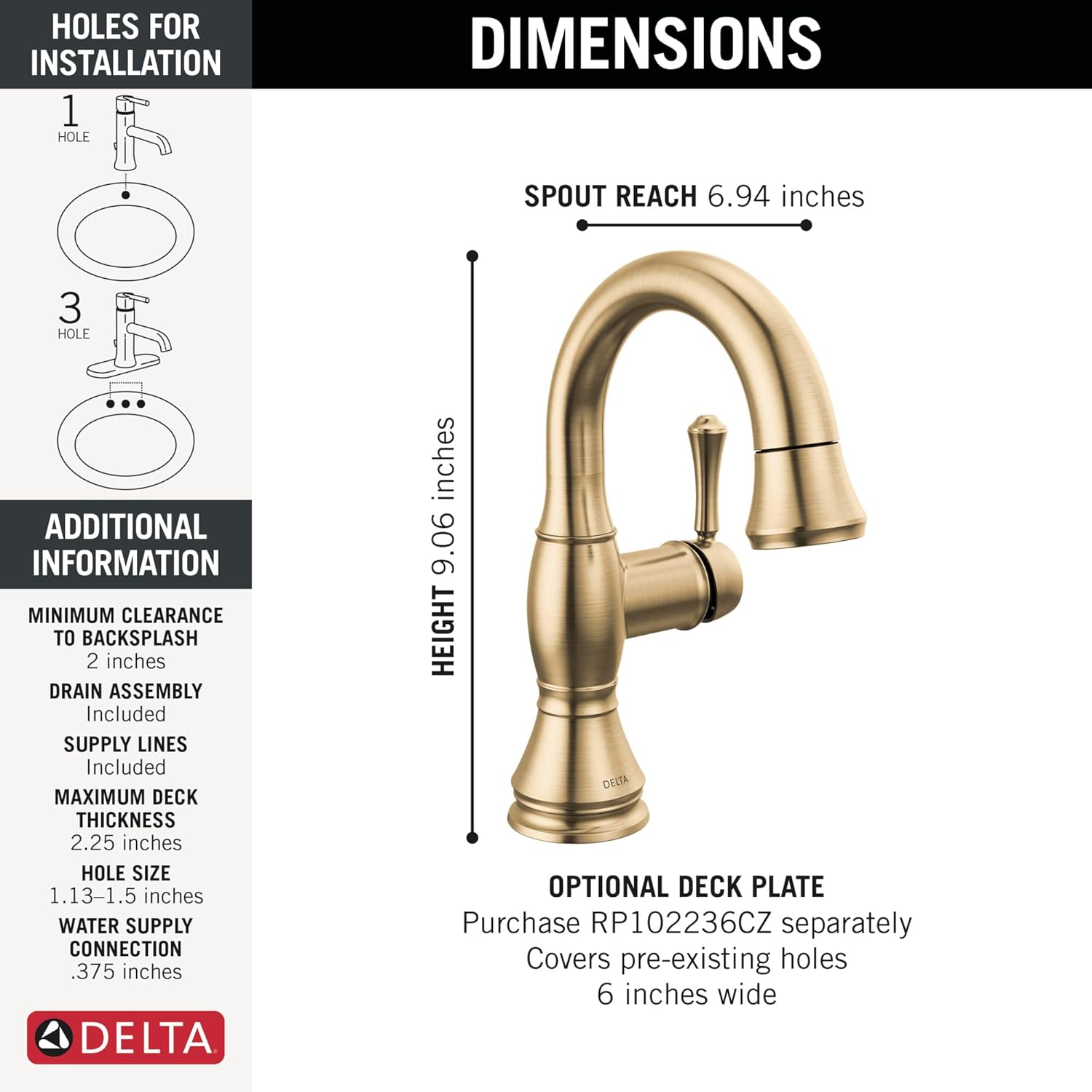 Delta Faucet Cassidy – Grifo de baño extraíble, grifo de baño dorado de un solo orificio con desplegable, grifo de lavabo de baño con acoplamiento