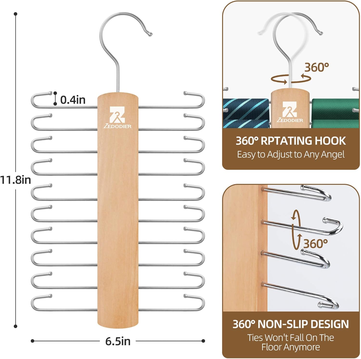 ZEDODIER Estante de corbata de madera, colgador de corbata para armario de hombres, capacidad de almacenamiento de 20, organizador de corbata