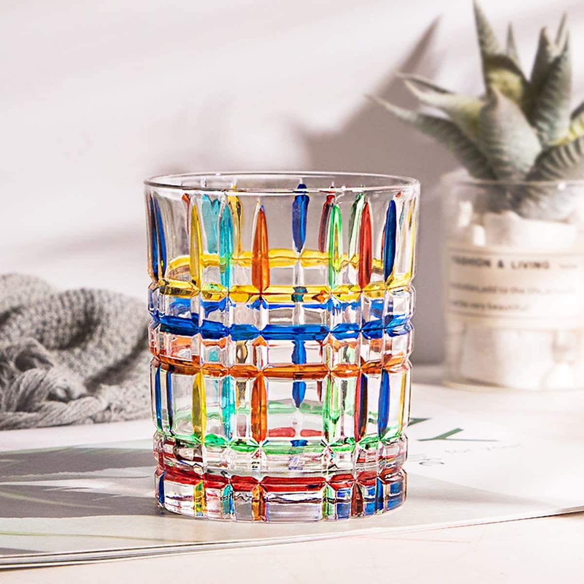 Vidrios coloridos para beber, pintados a mano, vidrios de agua multicolores, vasos de vino de whisky, vasos de vaso (rayas)