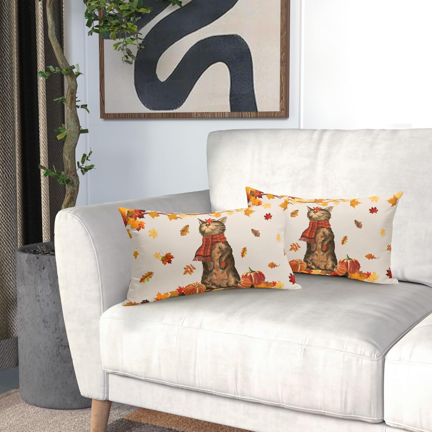 Juego de 2 fundas de almohada lumbar de otoño de 12 x 20 pulgadas con hojas de arce naranja y calabaza, juego de 2 fundas de cojín de lino de Acción