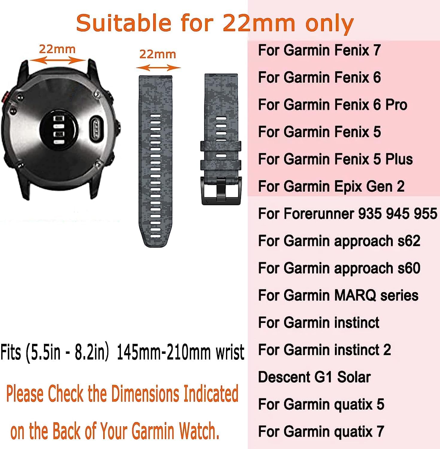 Correa de reloj de silicona de ajuste rápido de camuflaje de 0.866 pulgadas compatible con Garmin Fenix 5Fenix 5 PlusFenix 6Fenix 6 ProFenix 7,
