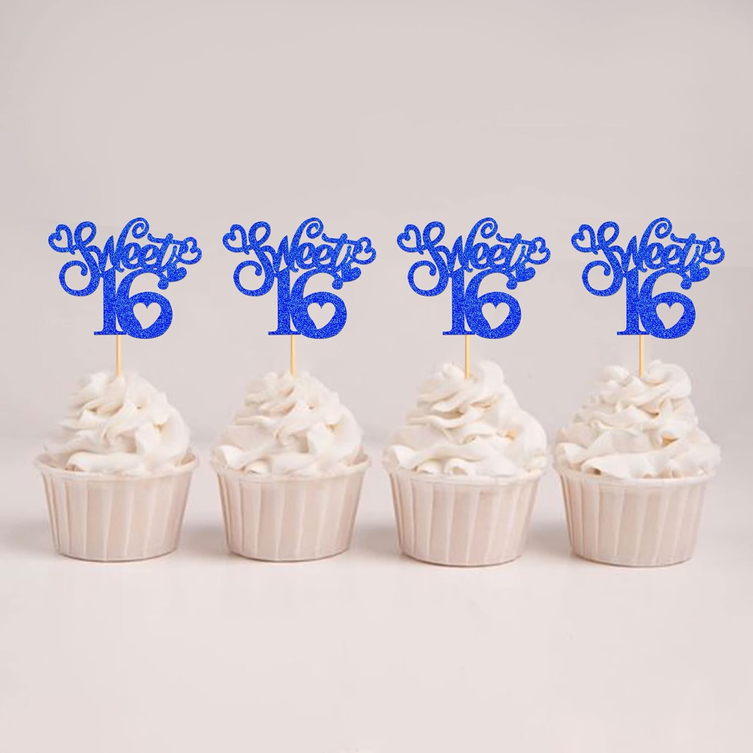 Ercadio Paquete de 24 adornos para magdalenas con 16 adornos azules con purpurina para 16 cupcakes para cumpleaños de 16 años, decoraciones para