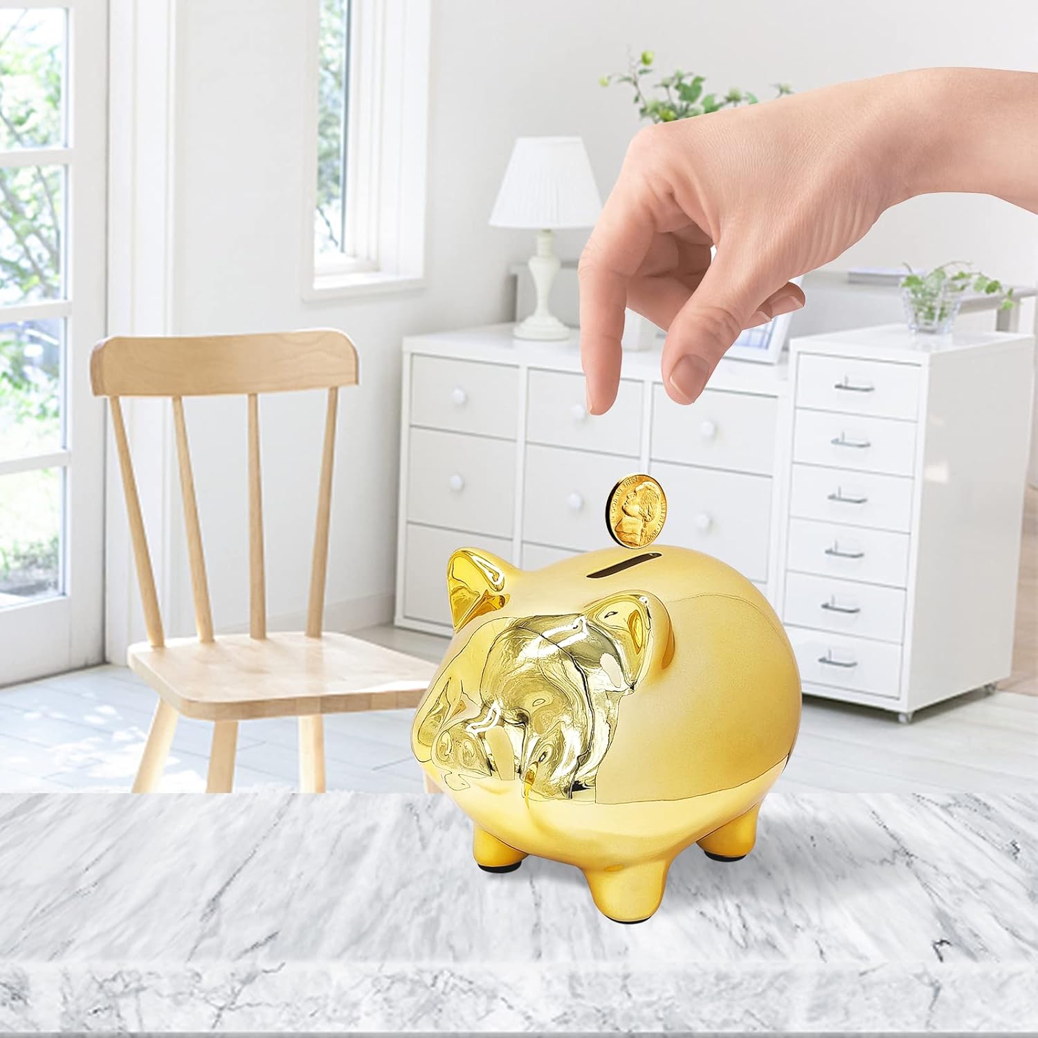 Ceramics Pig Piggy Bank for Adults, Saving Money Bank for Kids, Cute Coin Bank Decorative for Home, Kid’s Birthday Gifts (AGold -Piggy1)