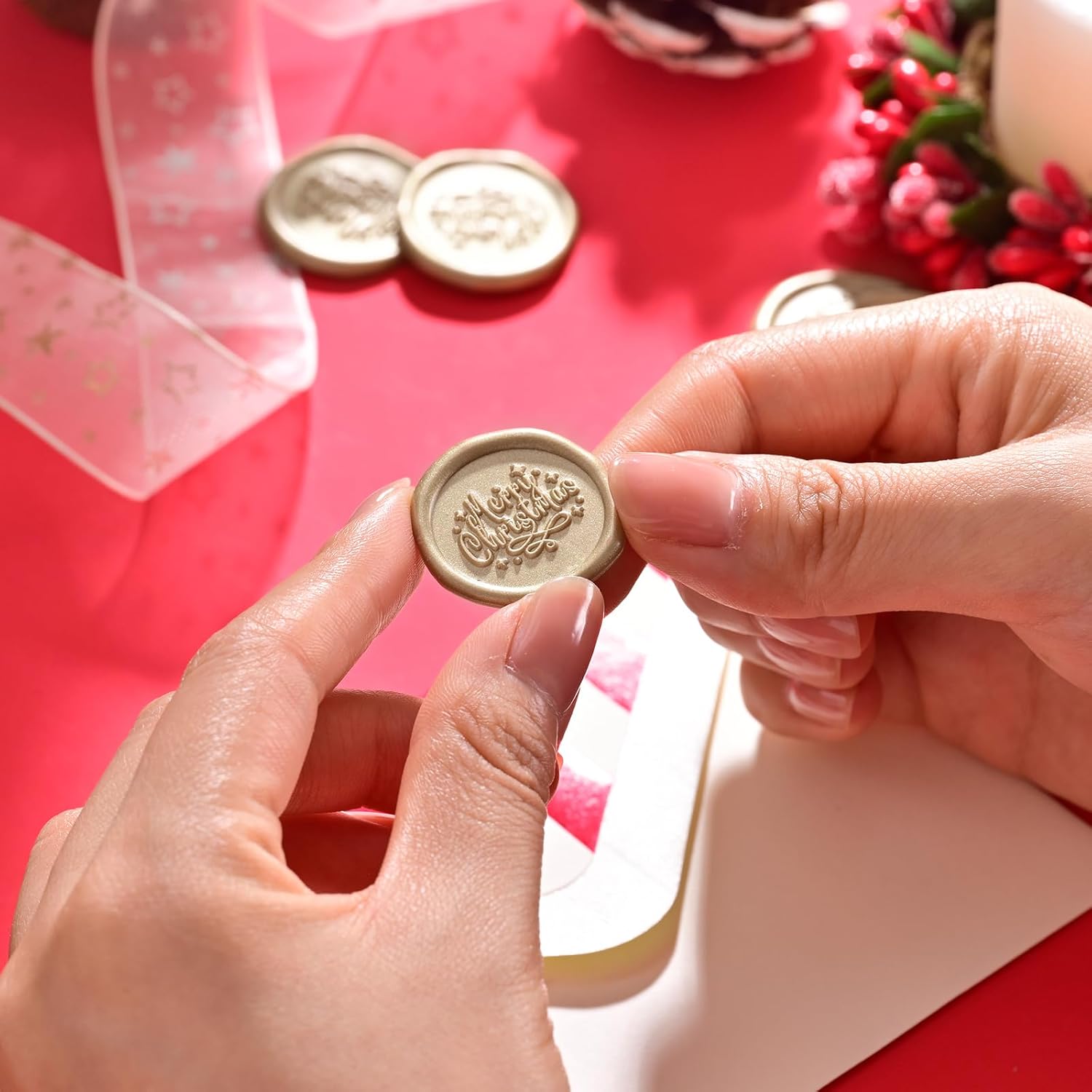 UNIQOOO Calcomanías de sello de cera de Navidad, calcomanías de sello de invitación de boda, 50 calcomanías autoadhesivas Prosecco Metallic Lignt