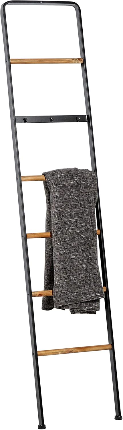 Deco 79 Escalera de metal delgada con 3 ganchos con 5 peldaños de madera marrón, 15 x 1 x 72 pulgadas, color negro